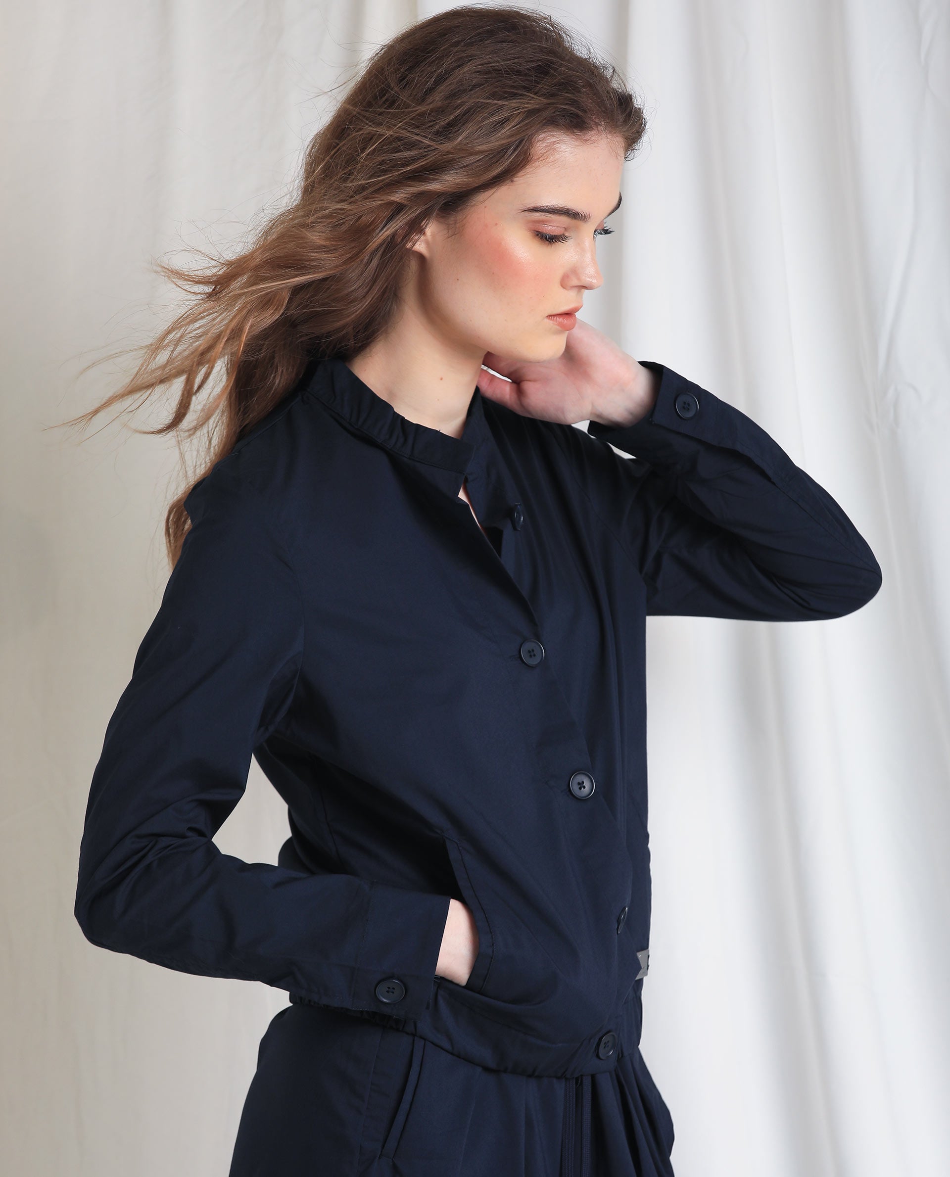 Rareism Women's Aomori Navy Polyester Blend Mandarin Collar Plain Regular Fit Jacket