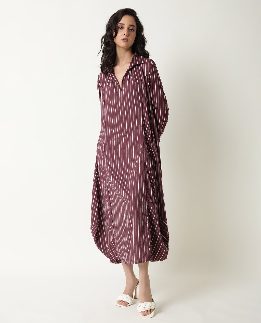Rareism Women's Wakanda Maroon Spread Collar Striped Knee Length Regular Fit Dress
