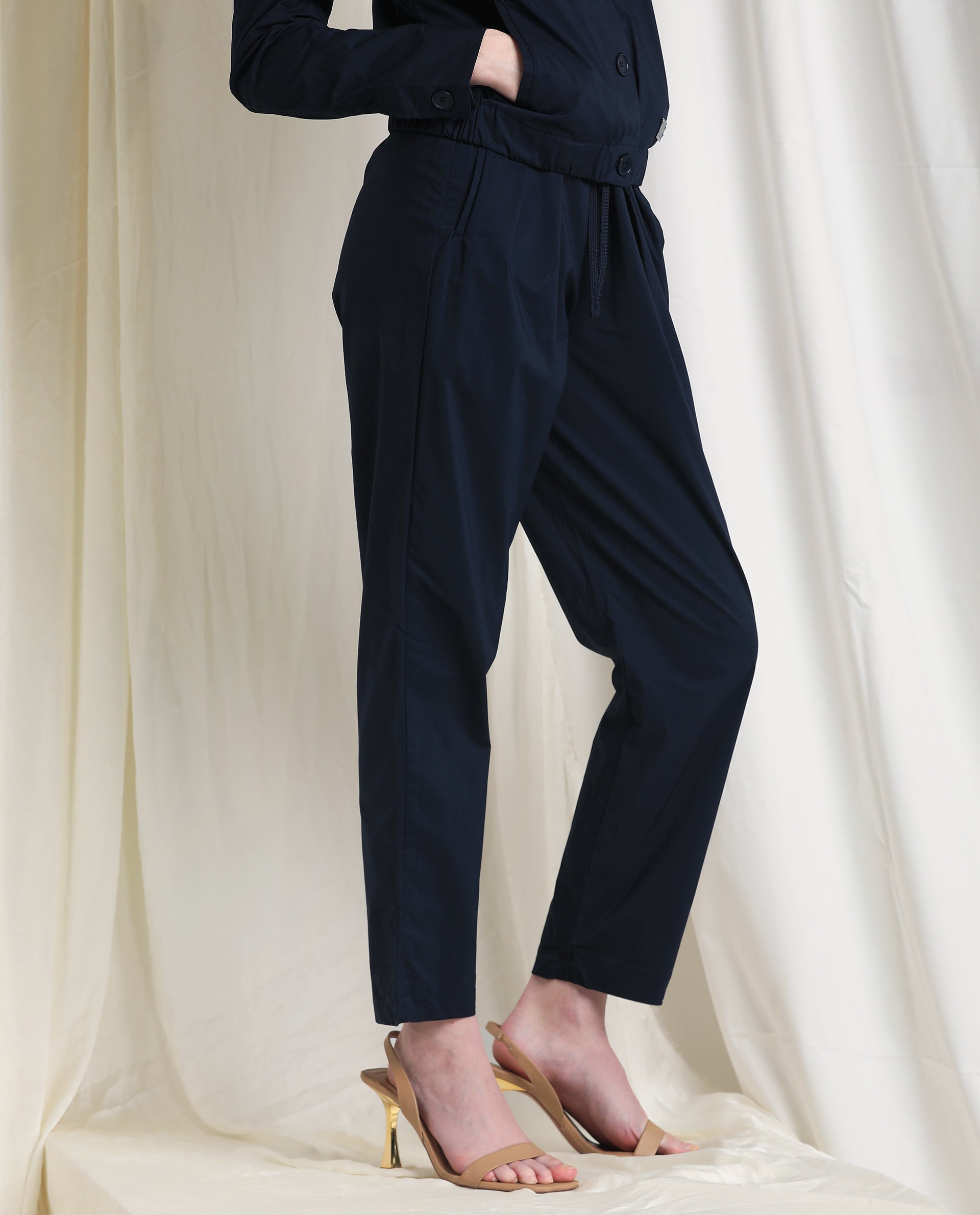 Rareism Women's Juven Navy Polyester Blend Plain Ankle Length Tapered Trouser