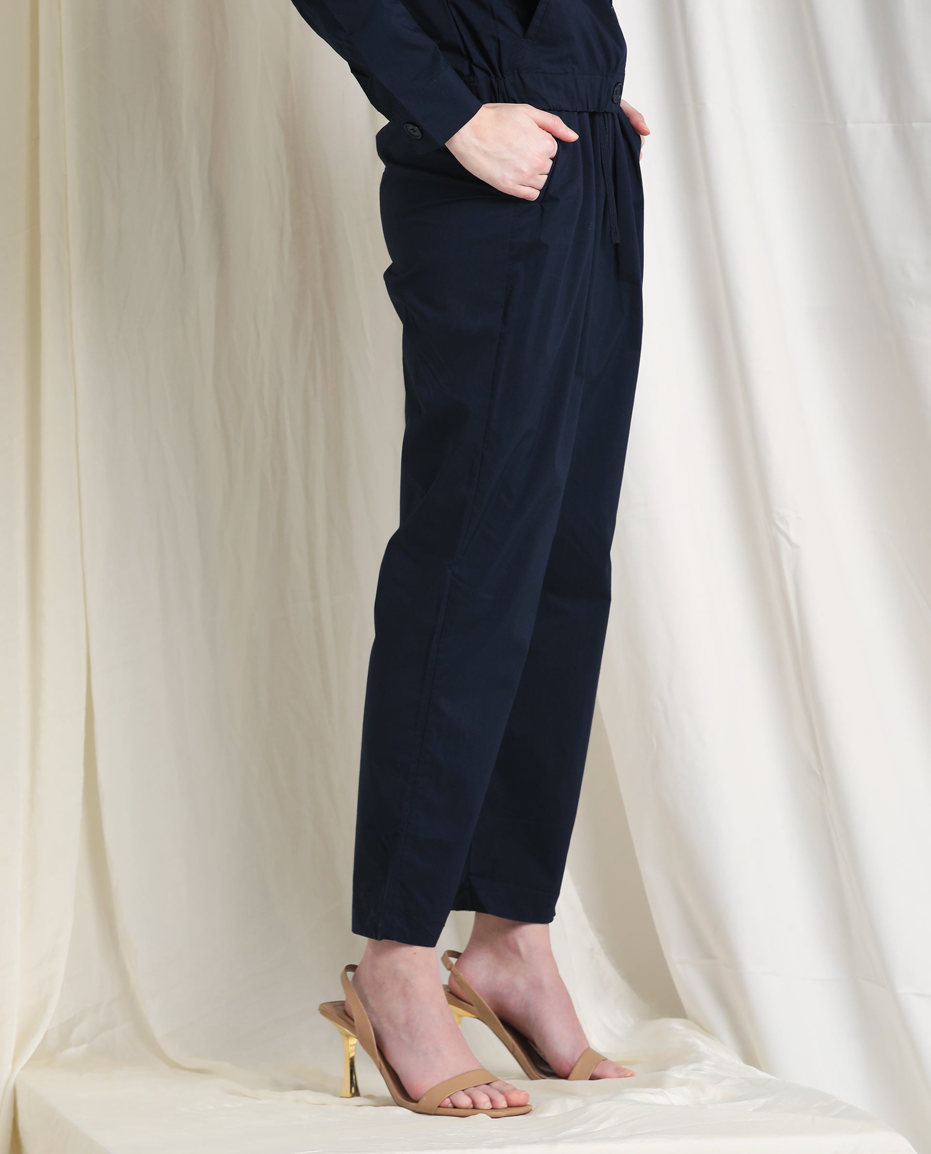 Rareism Women's Juven Navy Polyester Blend Plain Ankle Length Tapered Trouser