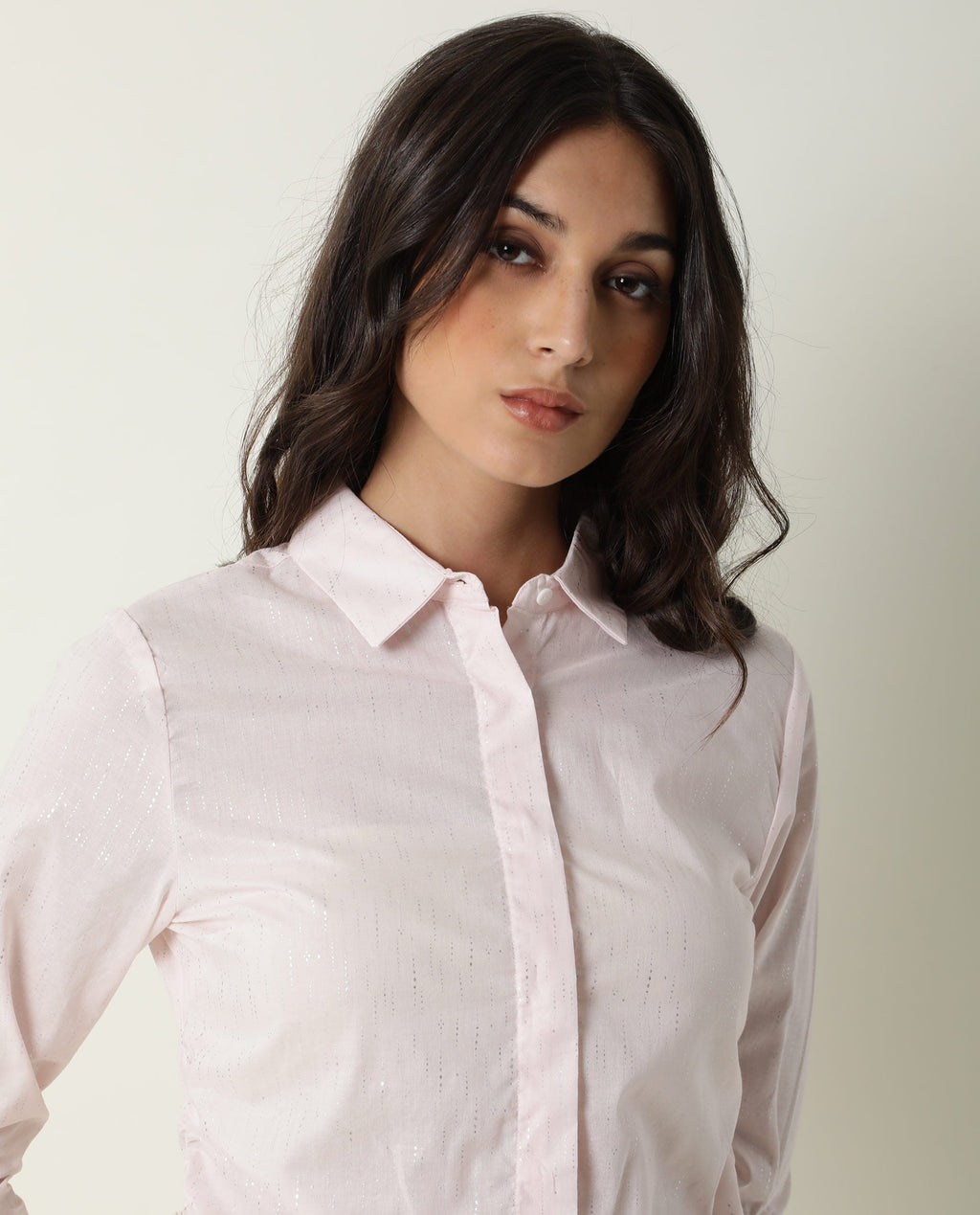 Rareism Women's Humpty Pink Spread Collar Plain Knee Length Regular Fit Top