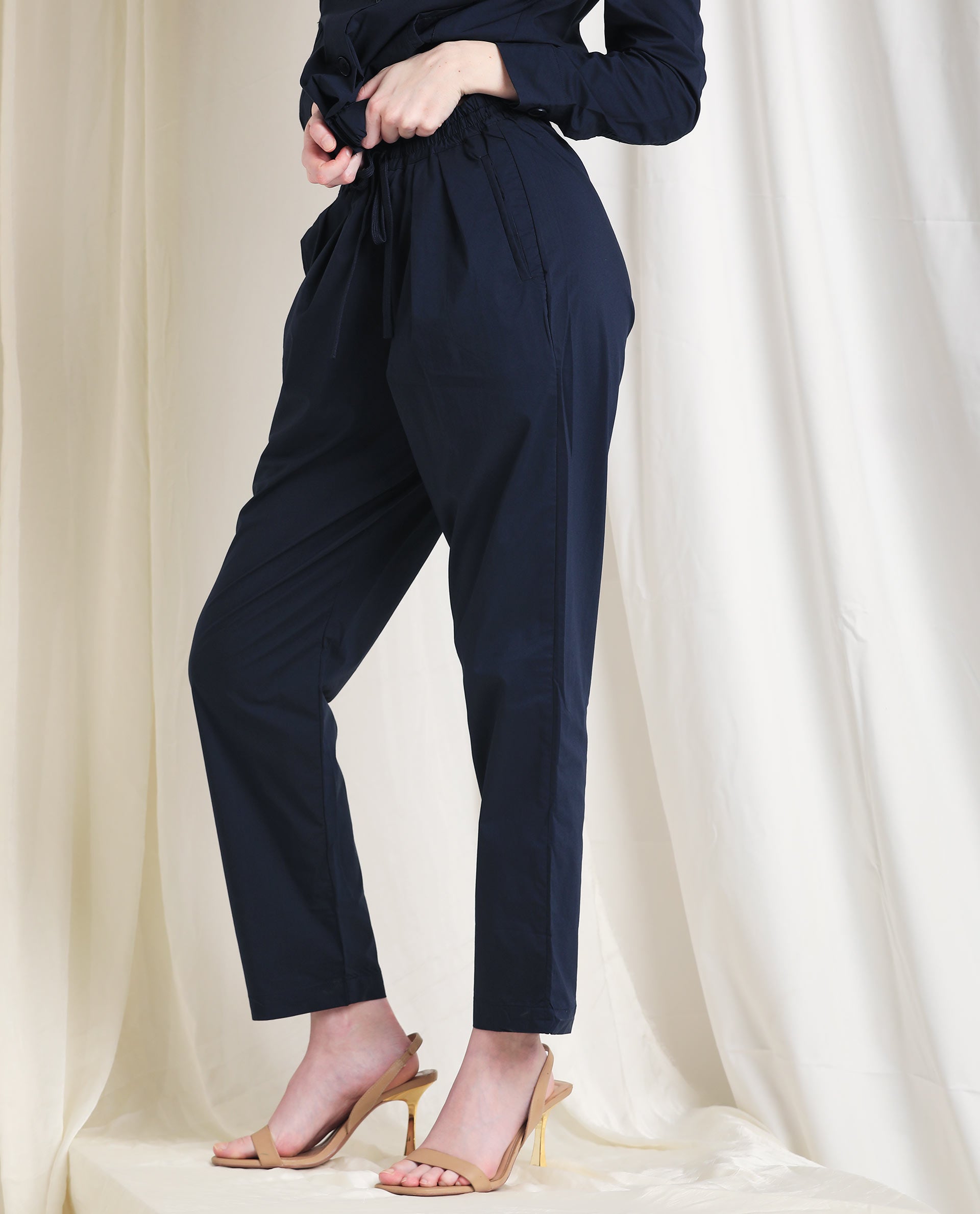 Rareism Women's Juven Navy Polyester Blend Plain Ankle Length Tapered Trouser