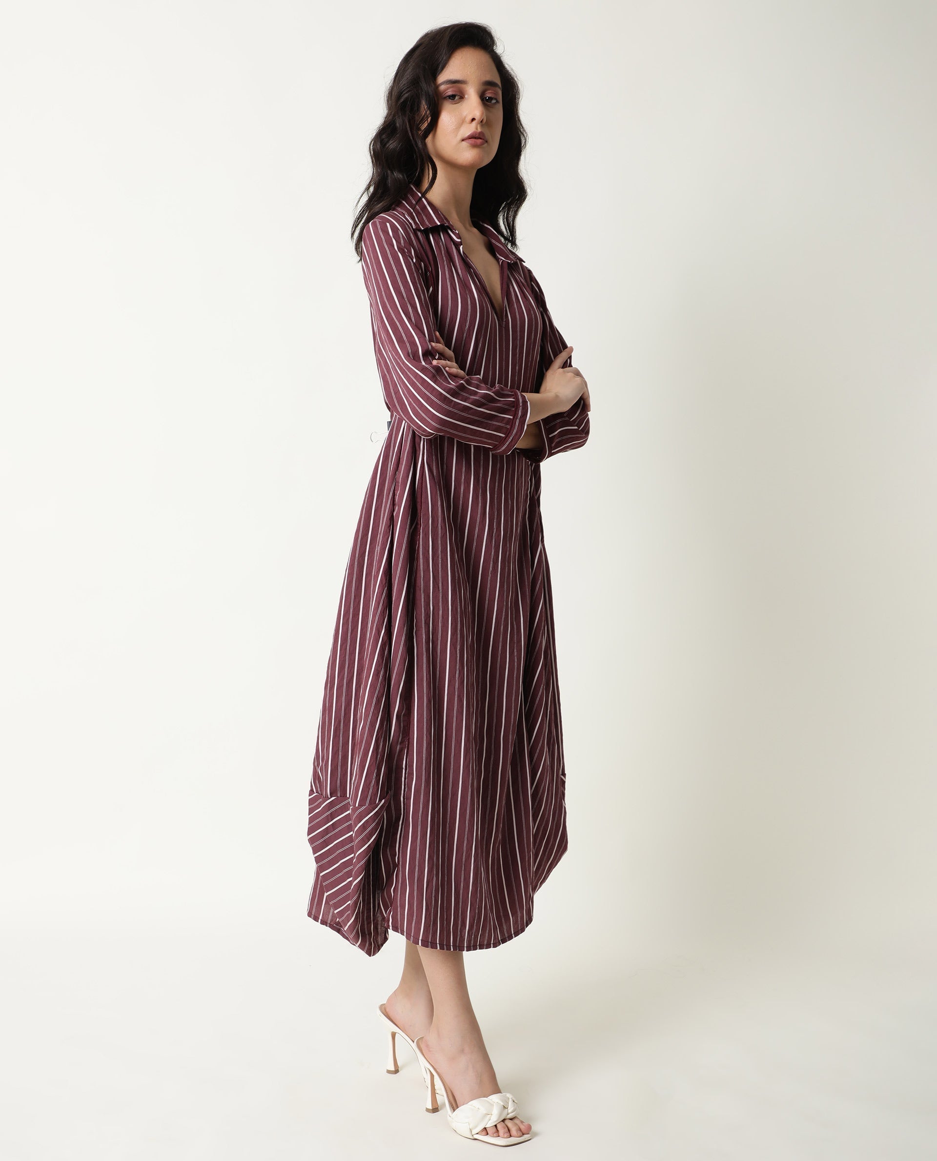 Rareism Women's Wakanda Maroon Spread Collar Striped Knee Length Regular Fit Dress