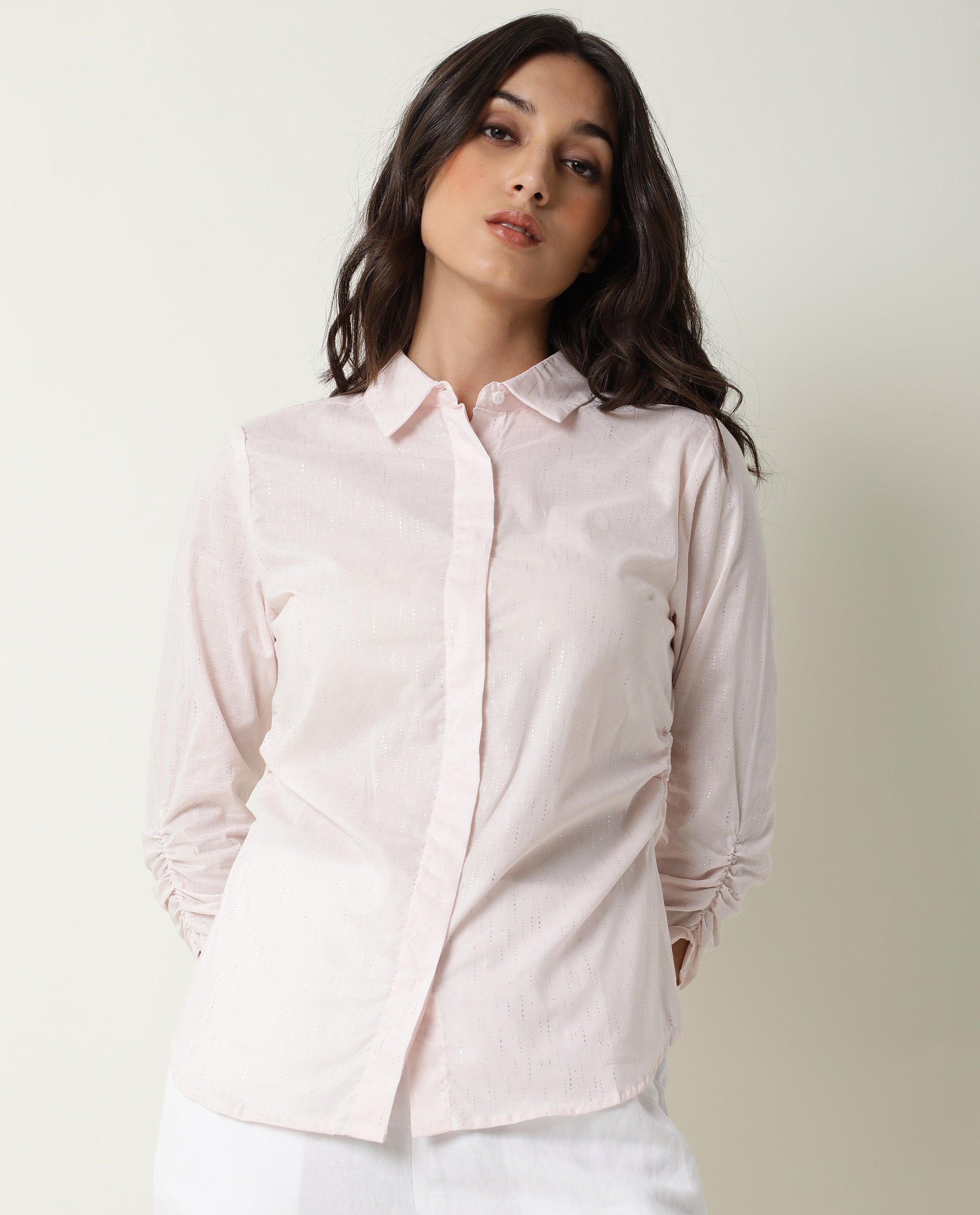 Rareism Women's Humpty Pink Spread Collar Plain Knee Length Regular Fit Top