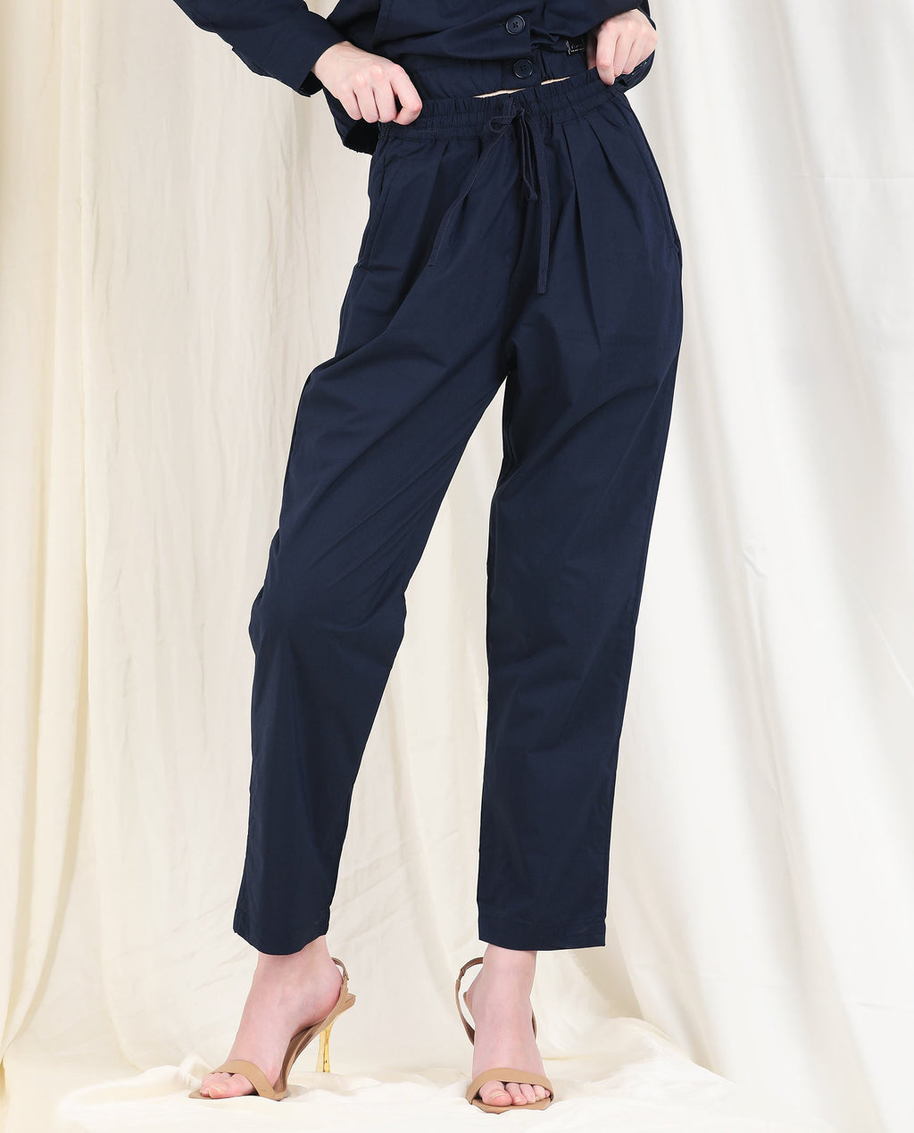 Rareism Women's Juven Navy Polyester Blend Plain Ankle Length Tapered Trouser