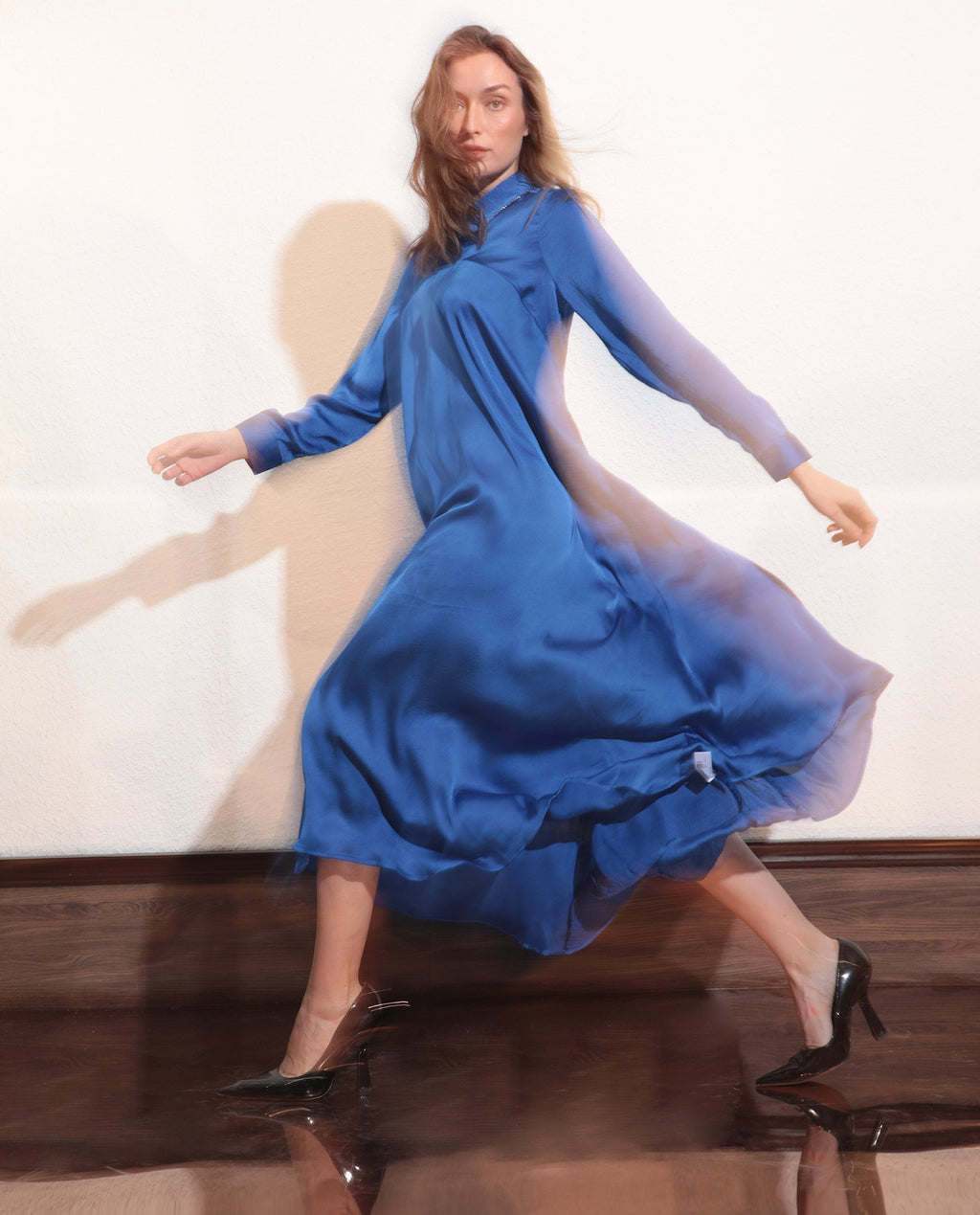 Rareism Women's Galaxyy Blue Modal Spread Collar Plain Maxi Regular Fit Dress
