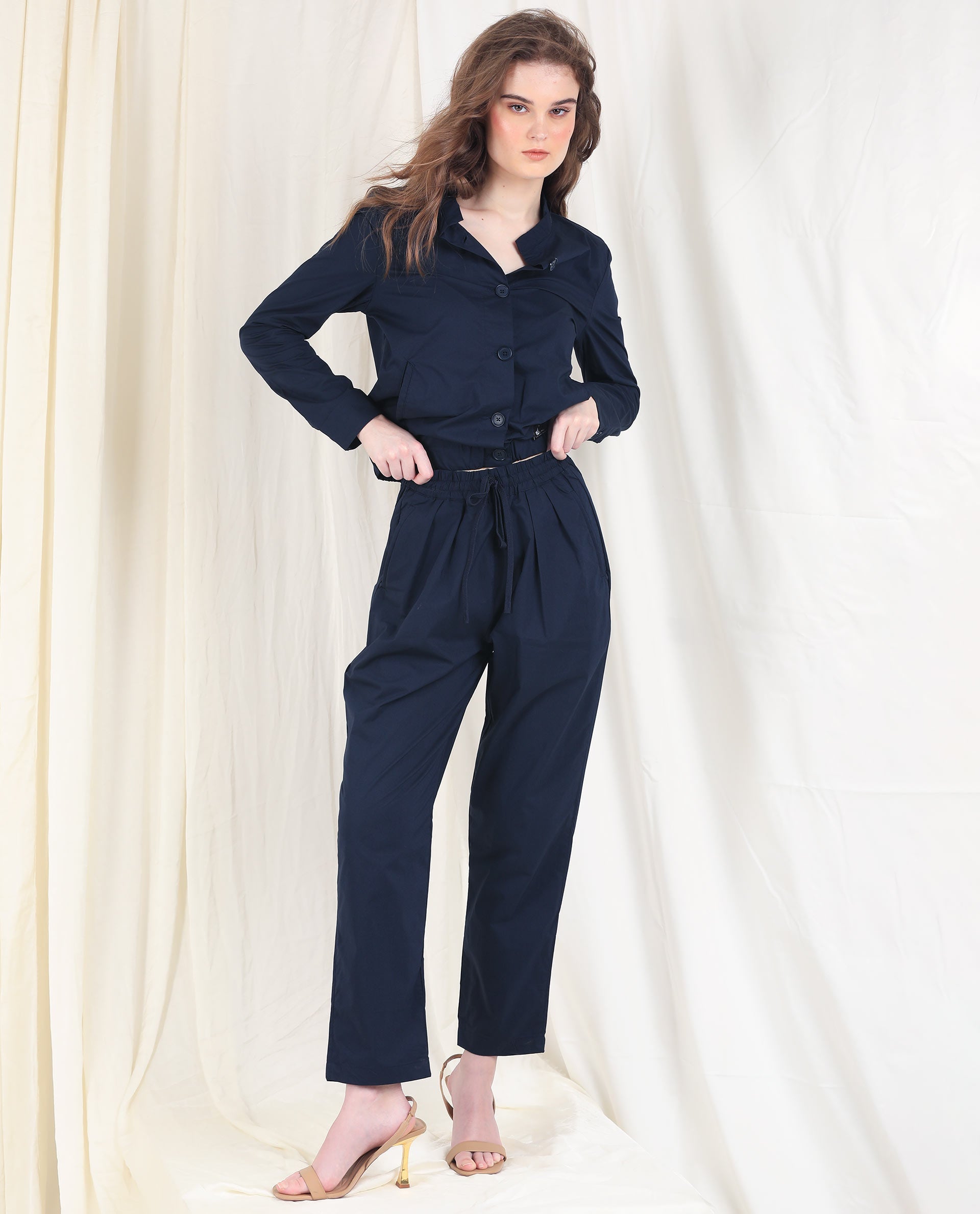 Rareism Women's Aomori Navy Polyester Blend Mandarin Collar Plain Regular Fit Jacket
