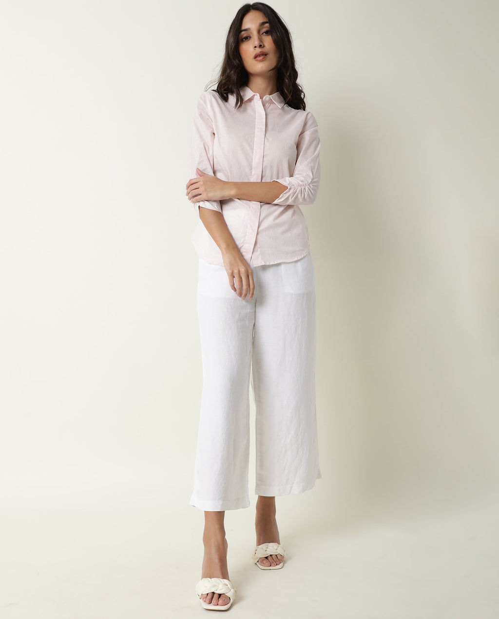 Rareism Women's Humpty Pink Spread Collar Plain Knee Length Regular Fit Top