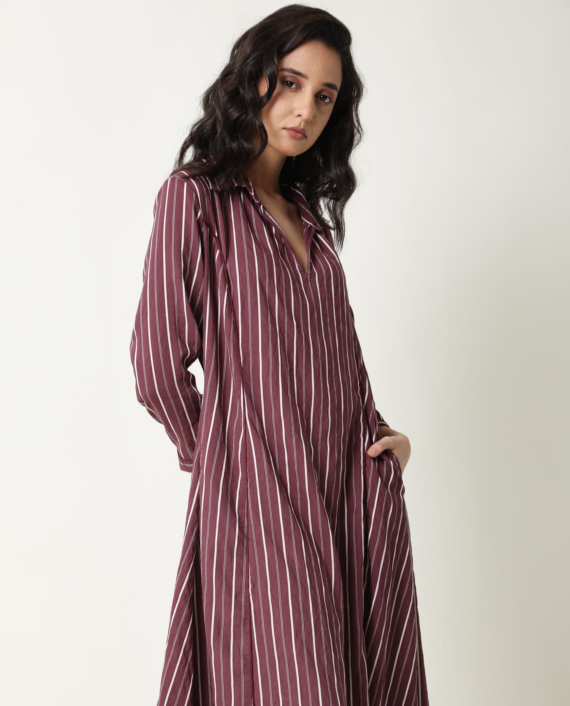 Rareism Women's Wakanda Maroon Spread Collar Striped Knee Length Regular Fit Dress