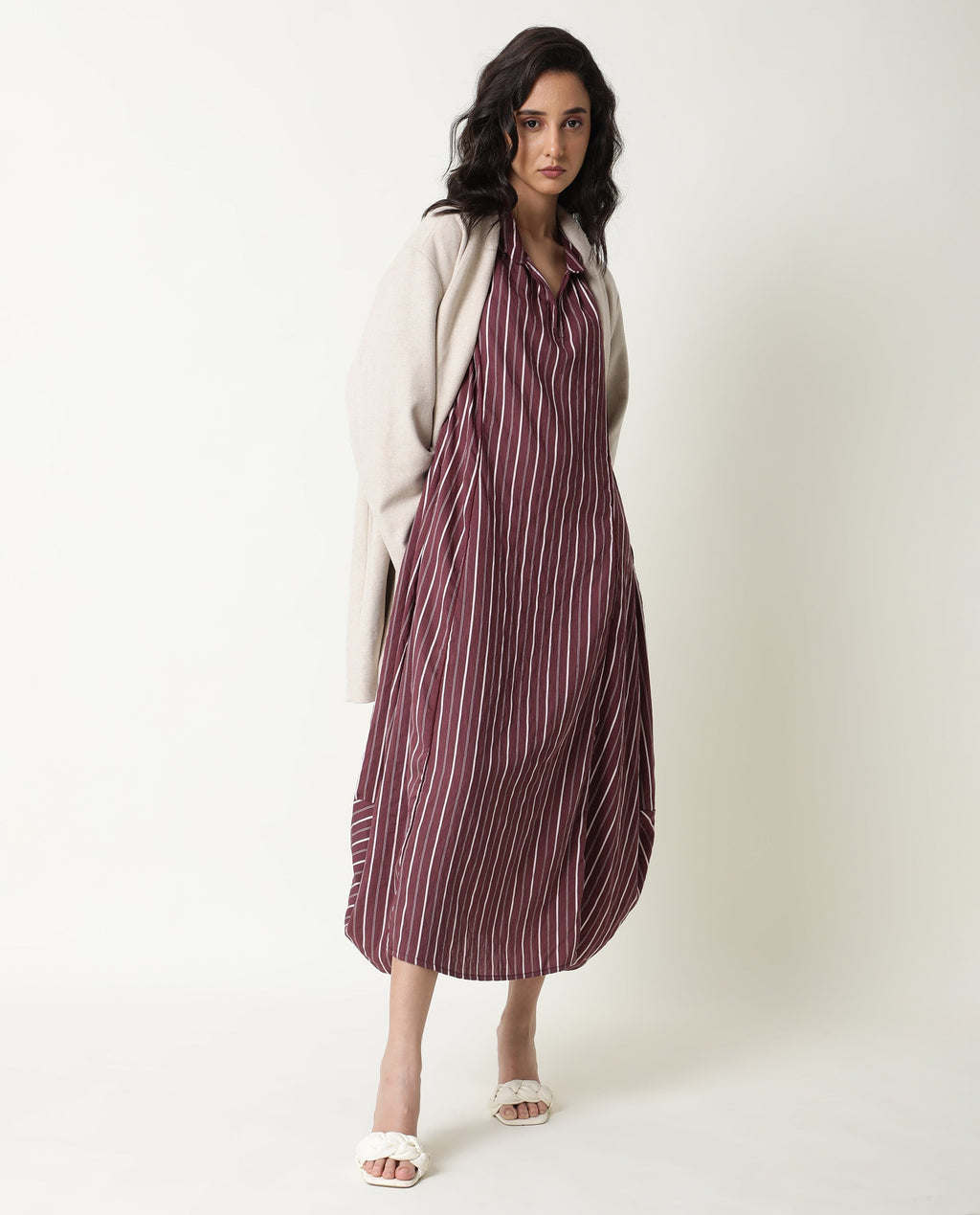 Rareism Women's Wakanda Maroon Spread Collar Striped Knee Length Regular Fit Dress