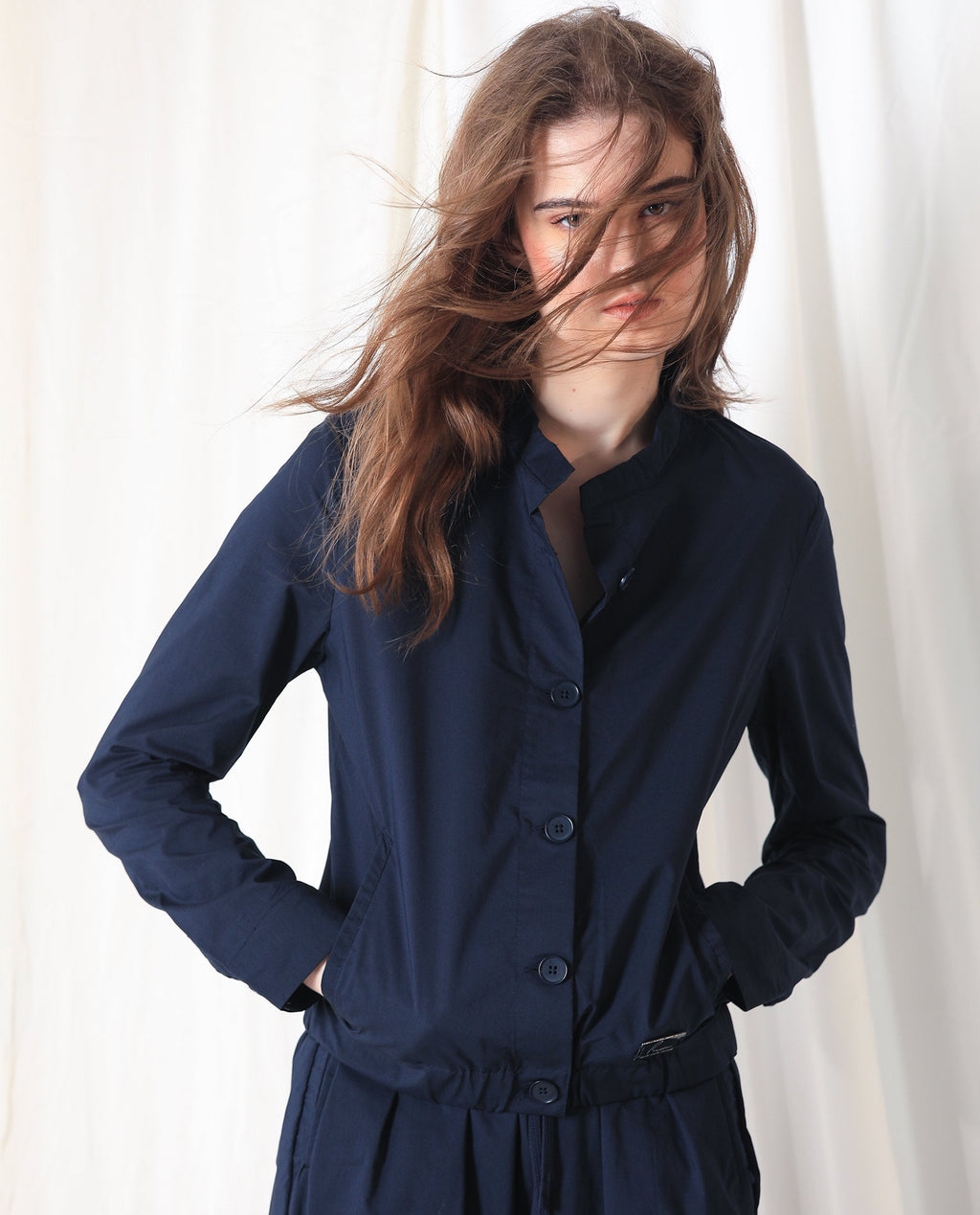 Rareism Women's Aomori Navy Polyester Blend Mandarin Collar Plain Regular Fit Jacket