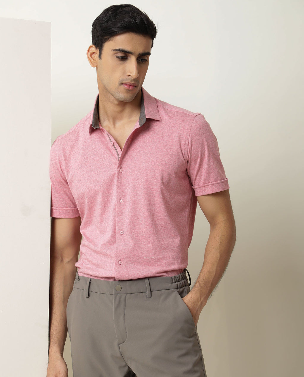 Rare Rabbit Men's Miraj Pink Cotton Plain Regular Fit Half Sleeve Collared Shirt