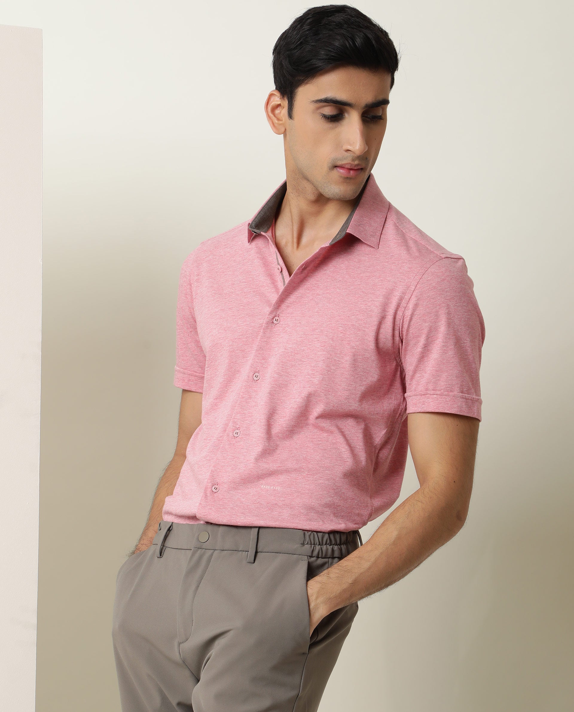 Rare Rabbit Men's Miraj Pink Cotton Plain Regular Fit Half Sleeve Collared Shirt