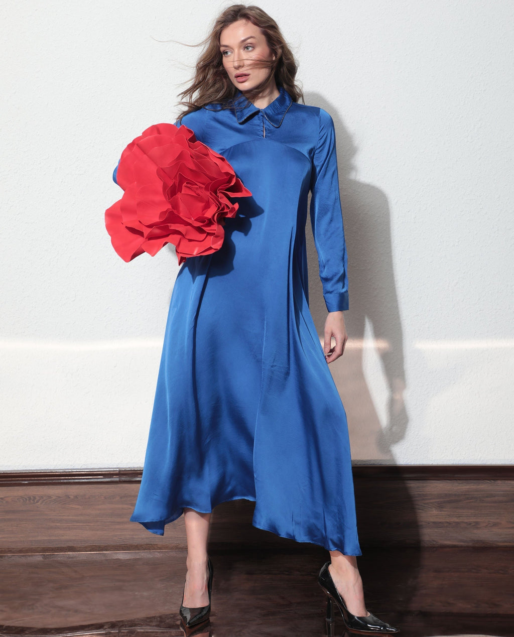 Rareism Women's Galaxyy Blue Modal Spread Collar Plain Maxi Regular Fit Dress