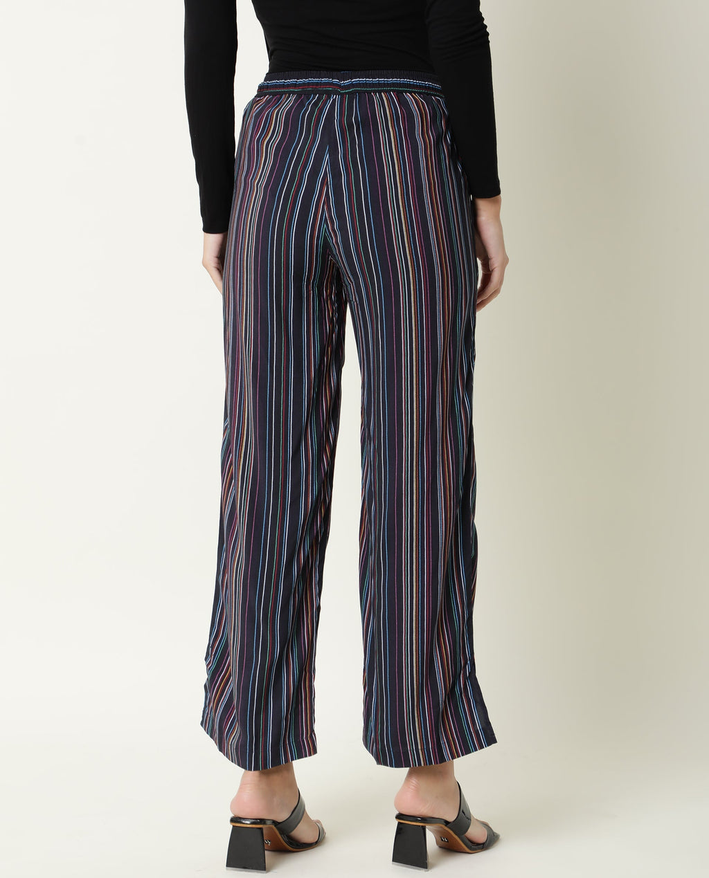 Rareism Women's Moose Black Viscose Striped Ankle Length Tailored Trouser