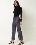 Rareism Women's Moose Black Viscose Striped Ankle Length Tailored Trouser