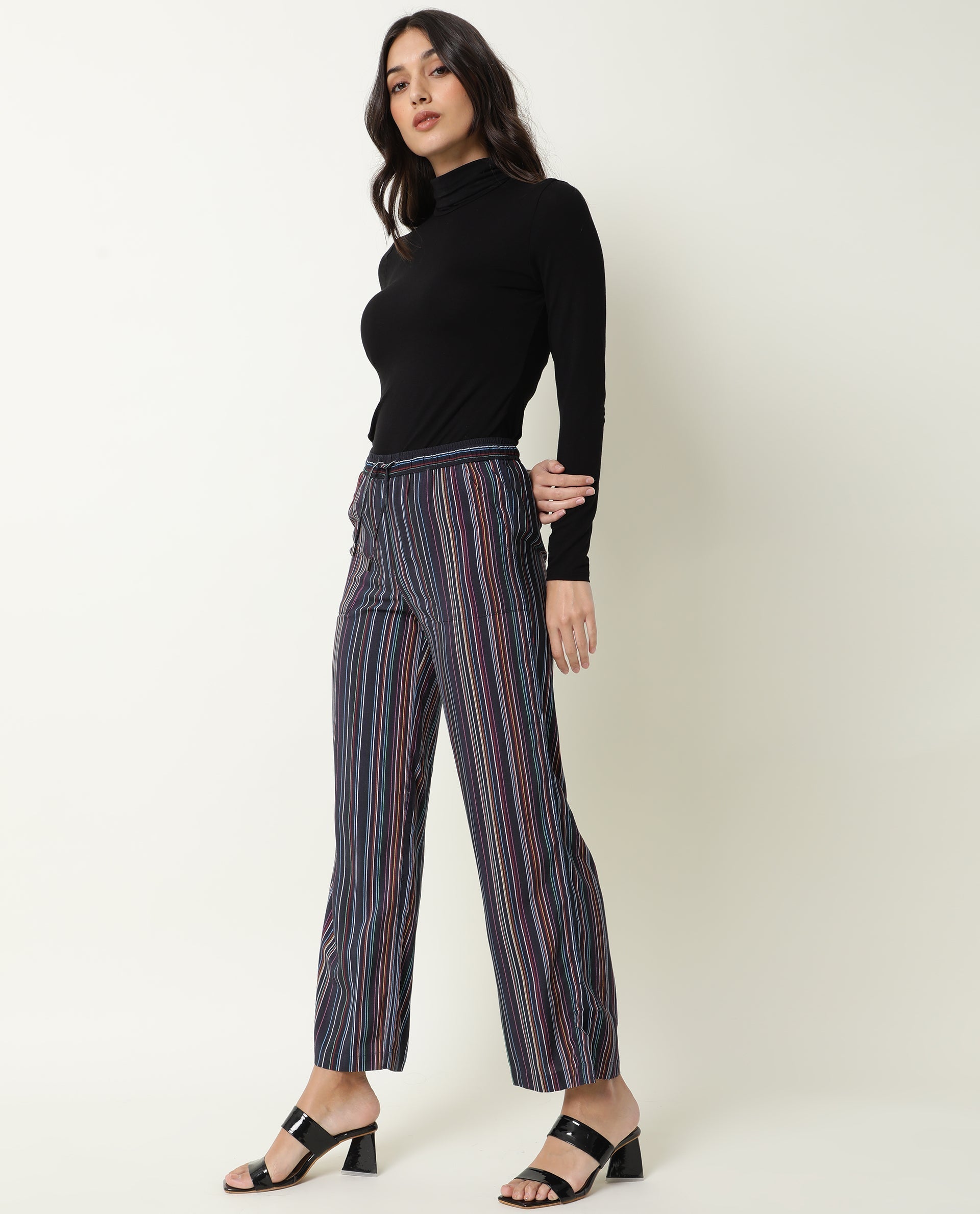 Rareism Women's Moose Black Viscose Striped Ankle Length Tailored Trouser