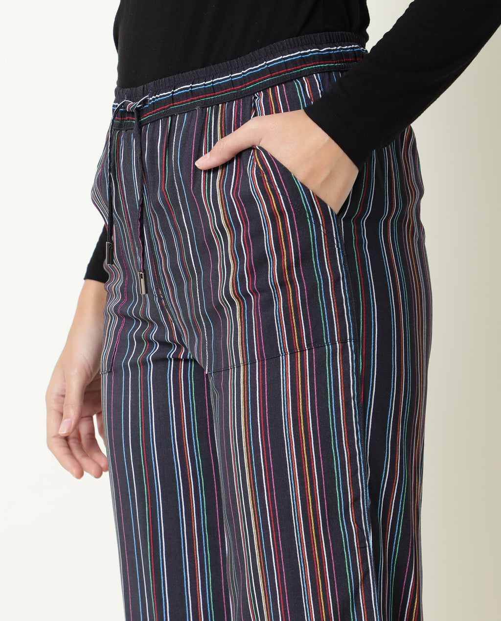 Rareism Women's Moose Black Viscose Striped Ankle Length Tailored Trouser