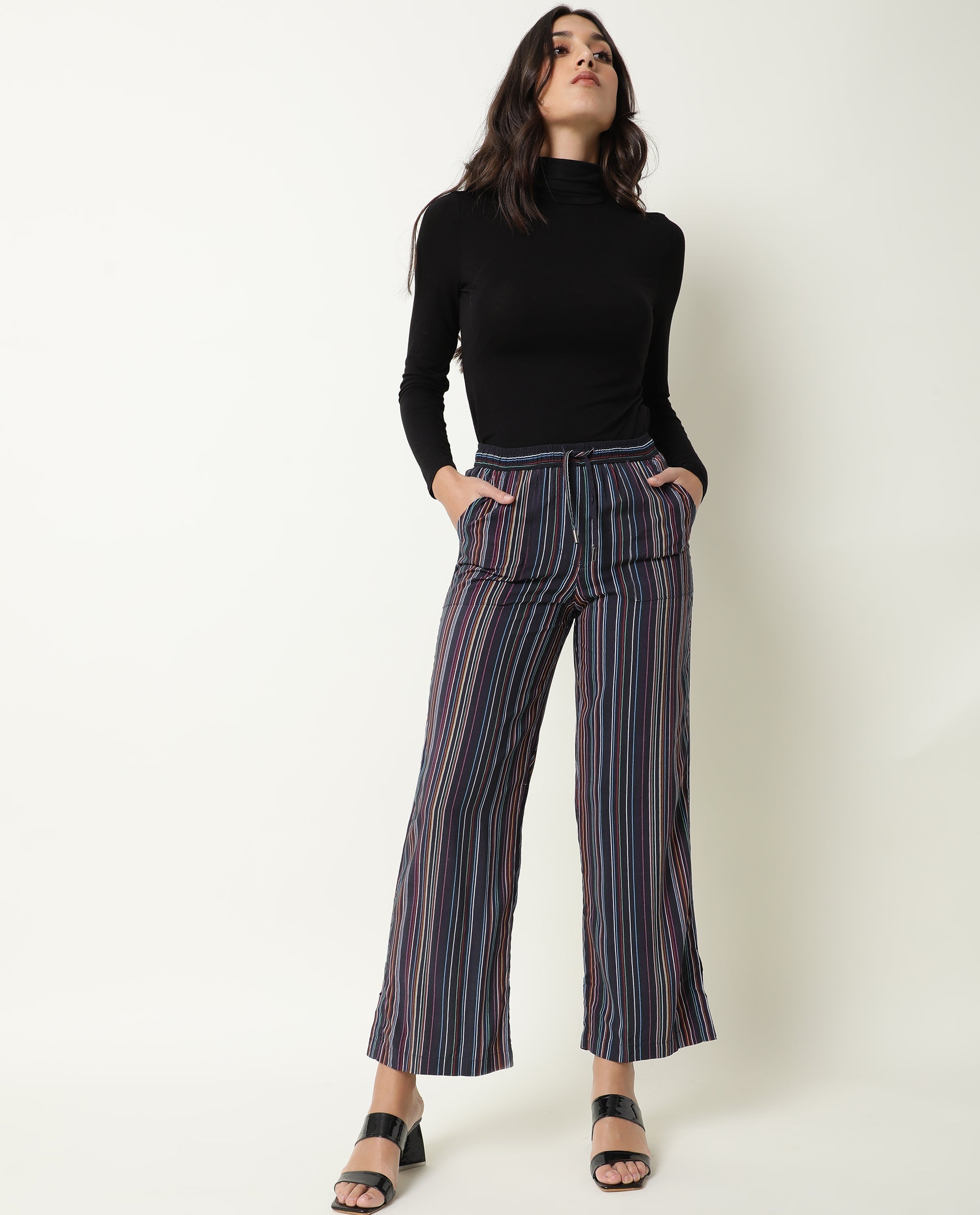 Rareism Women's Moose Black Viscose Striped Ankle Length Tailored Trouser