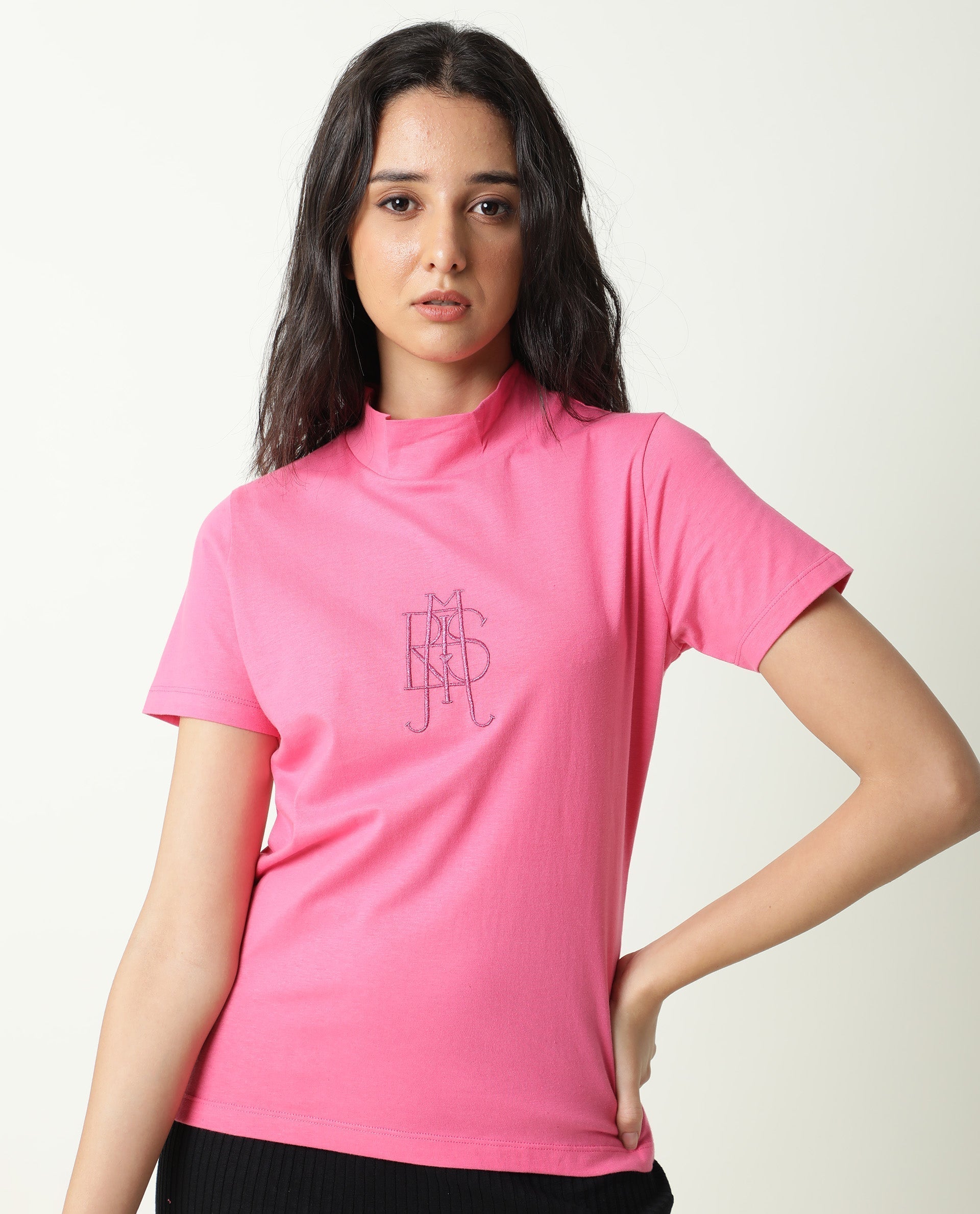 Rareism Women's Zolten Pink Cotton Crew Neck Plain Regular Fit T-Shirt
