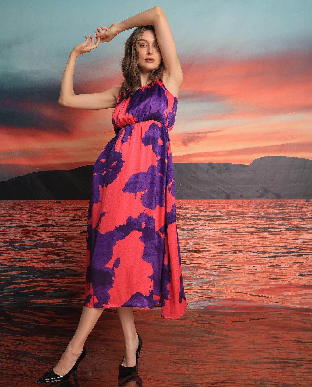 Rareism Women's Kelly Pink Polyester Boat Neck Floral Print Sleeveless Knee Length Regular Fit Dress