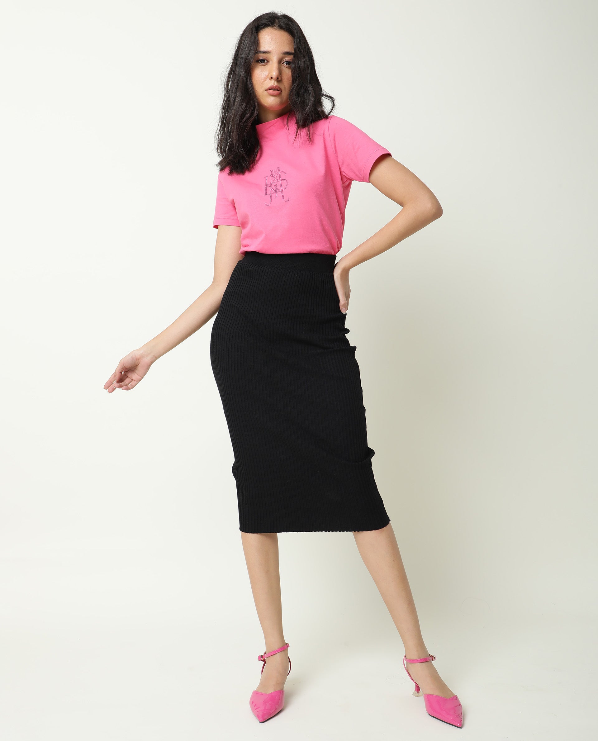 Rareism Women's Zolten Pink Cotton Crew Neck Plain Regular Fit T-Shirt