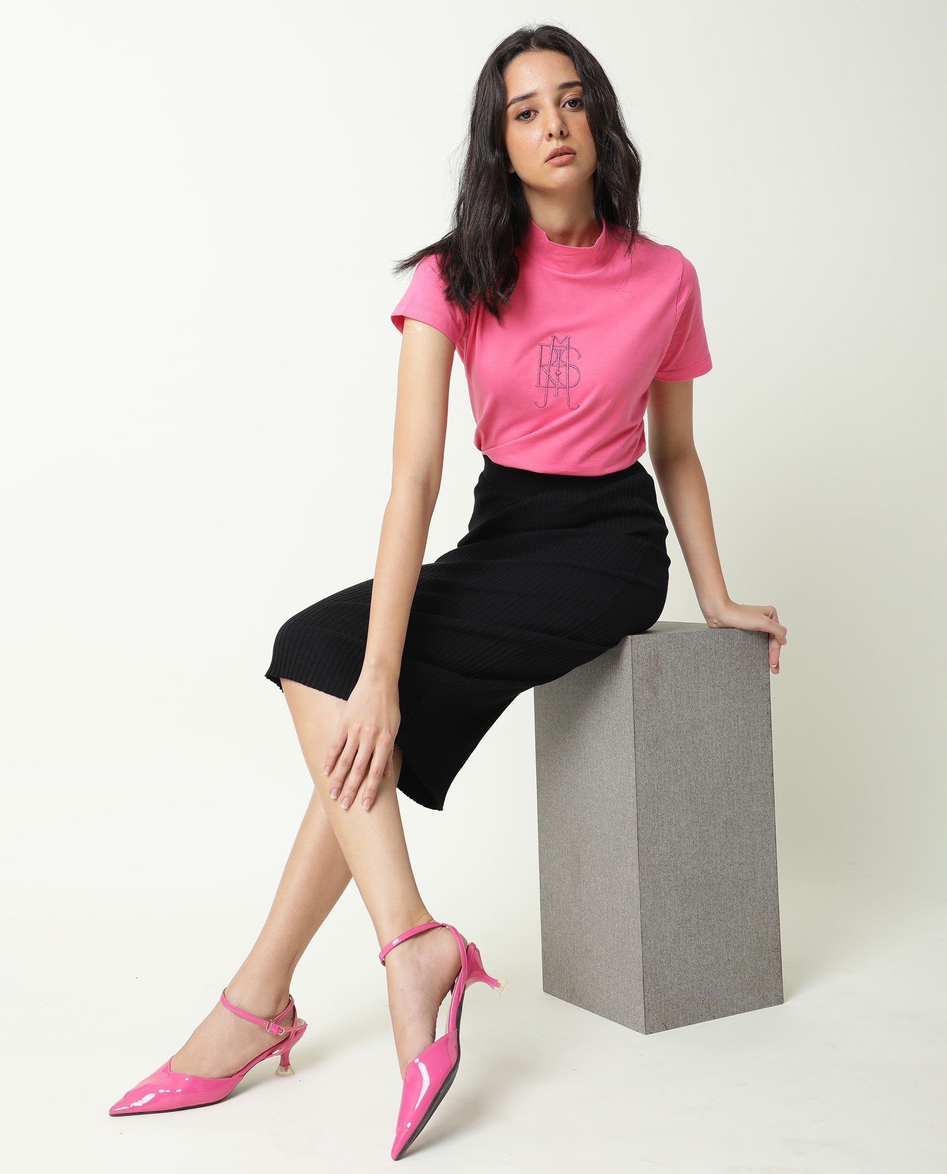 Rareism Women's Zolten Pink Cotton Crew Neck Plain Regular Fit T-Shirt
