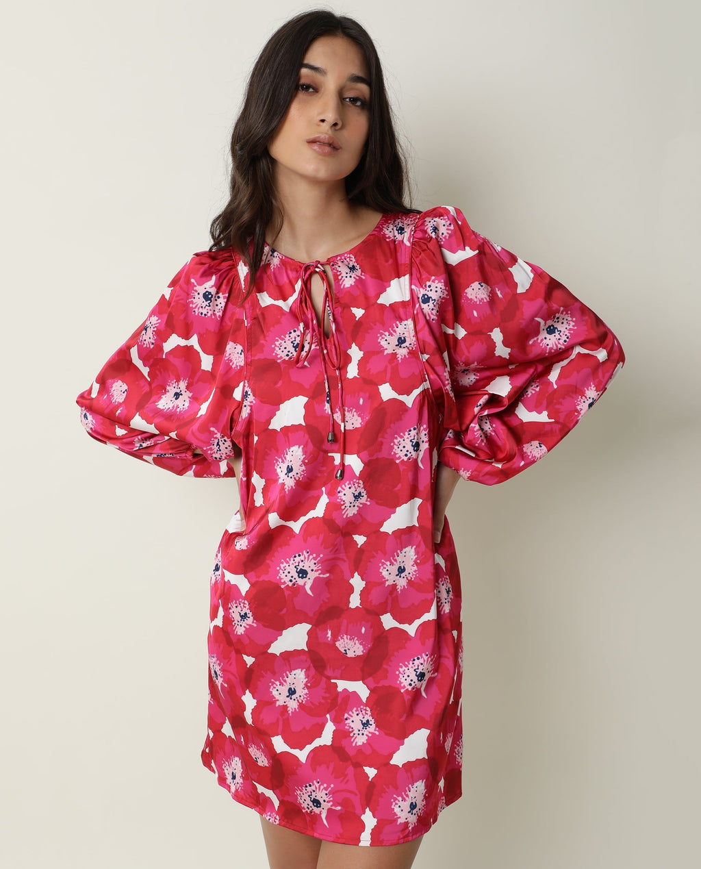 Rareism Women's Margn Red Cotton Blend Crew Neck Abstract Print Puff Sleeves Knee Length Regular Fit Dress