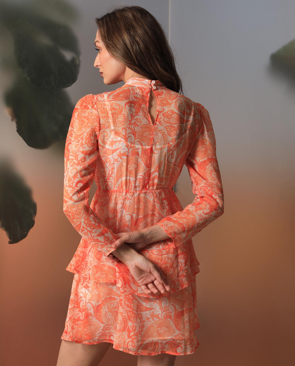 Rareism Women's Claris Orange Cotton High Neck Paisley Print Knee Length Regular Fit Dress