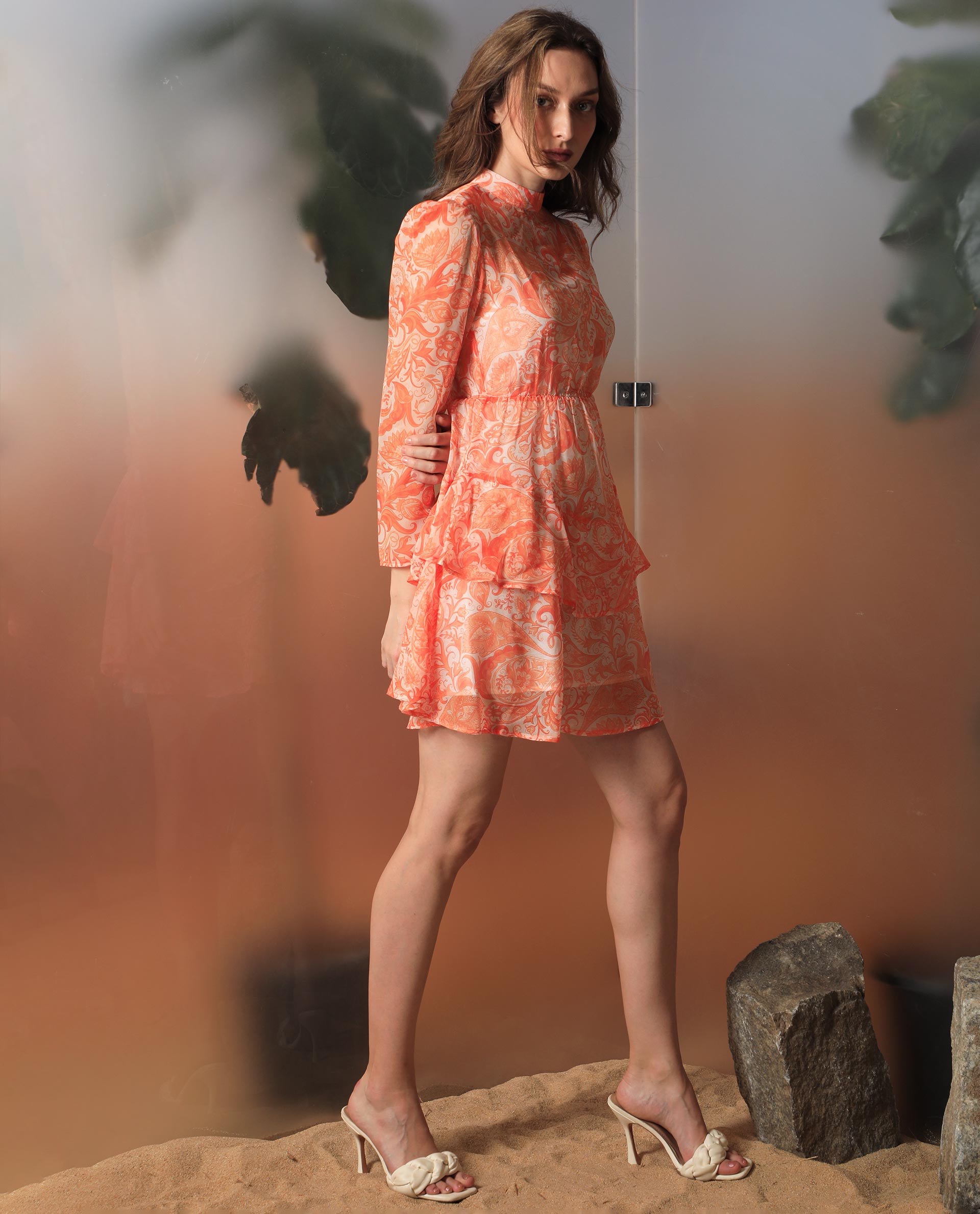 Rareism Women's Claris Orange Cotton High Neck Paisley Print Knee Length Regular Fit Dress