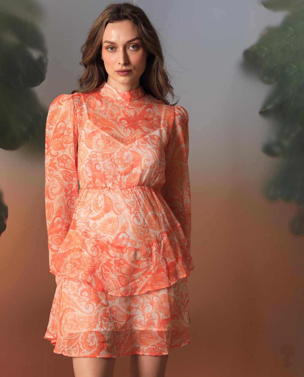 Rareism Women's Claris Orange Cotton High Neck Paisley Print Knee Length Regular Fit Dress
