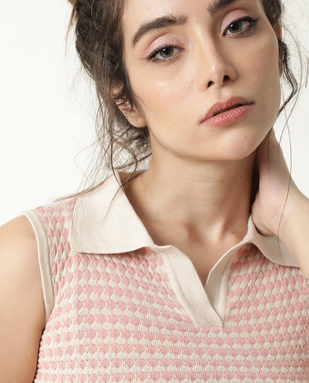 Rareism Women's Rylee Beige Cotton Spread Collar Textured Sleeveless Crop Regular Fit Sweater