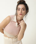 Rareism Women's Rylee Beige Cotton Spread Collar Textured Sleeveless Crop Regular Fit Sweater