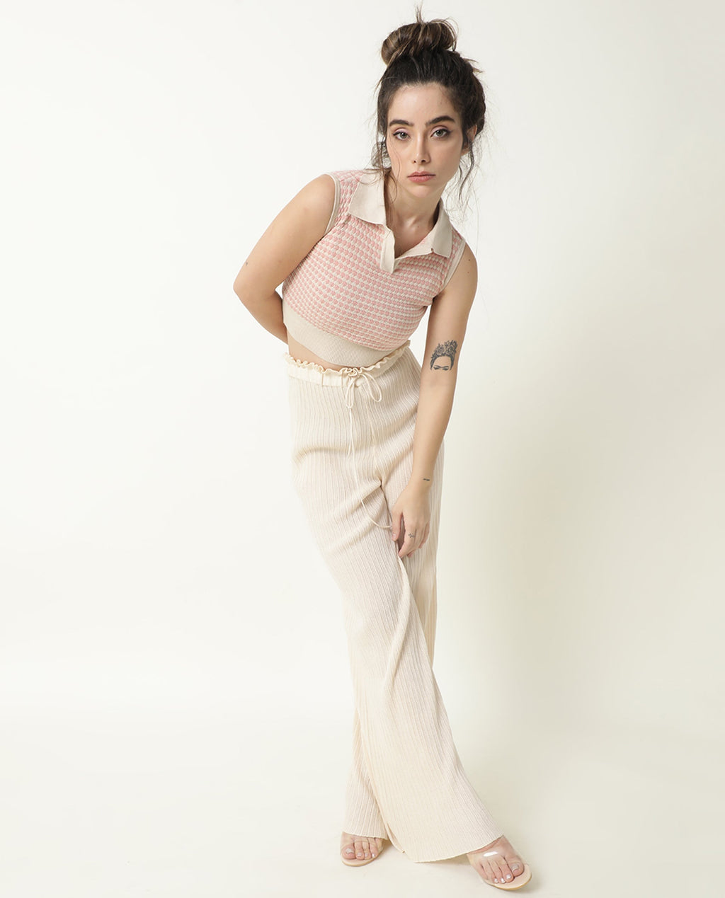 Rareism Women's Rylee Beige Cotton Spread Collar Textured Sleeveless Crop Regular Fit Sweater