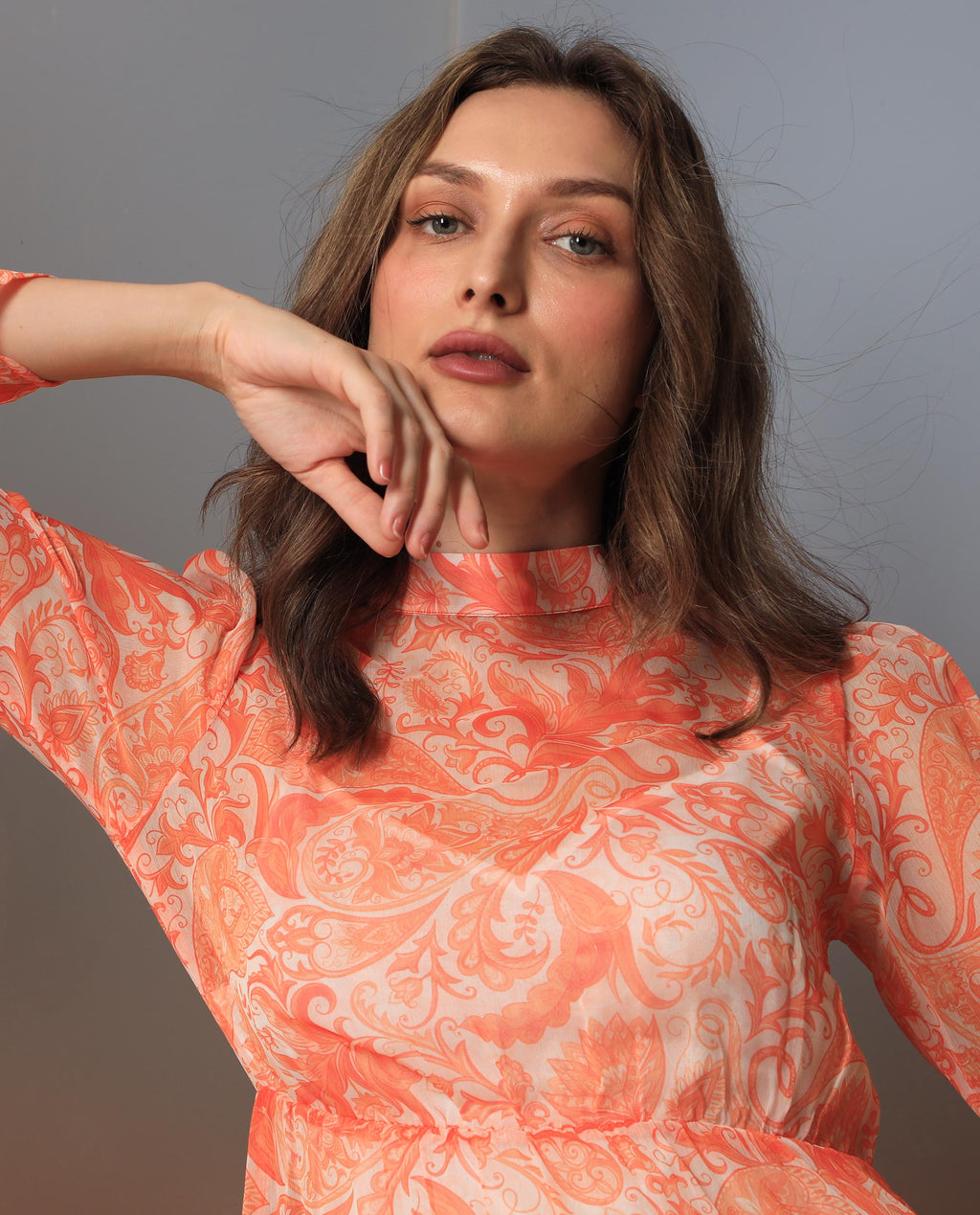 Rareism Women's Claris Orange Cotton High Neck Paisley Print Knee Length Regular Fit Dress