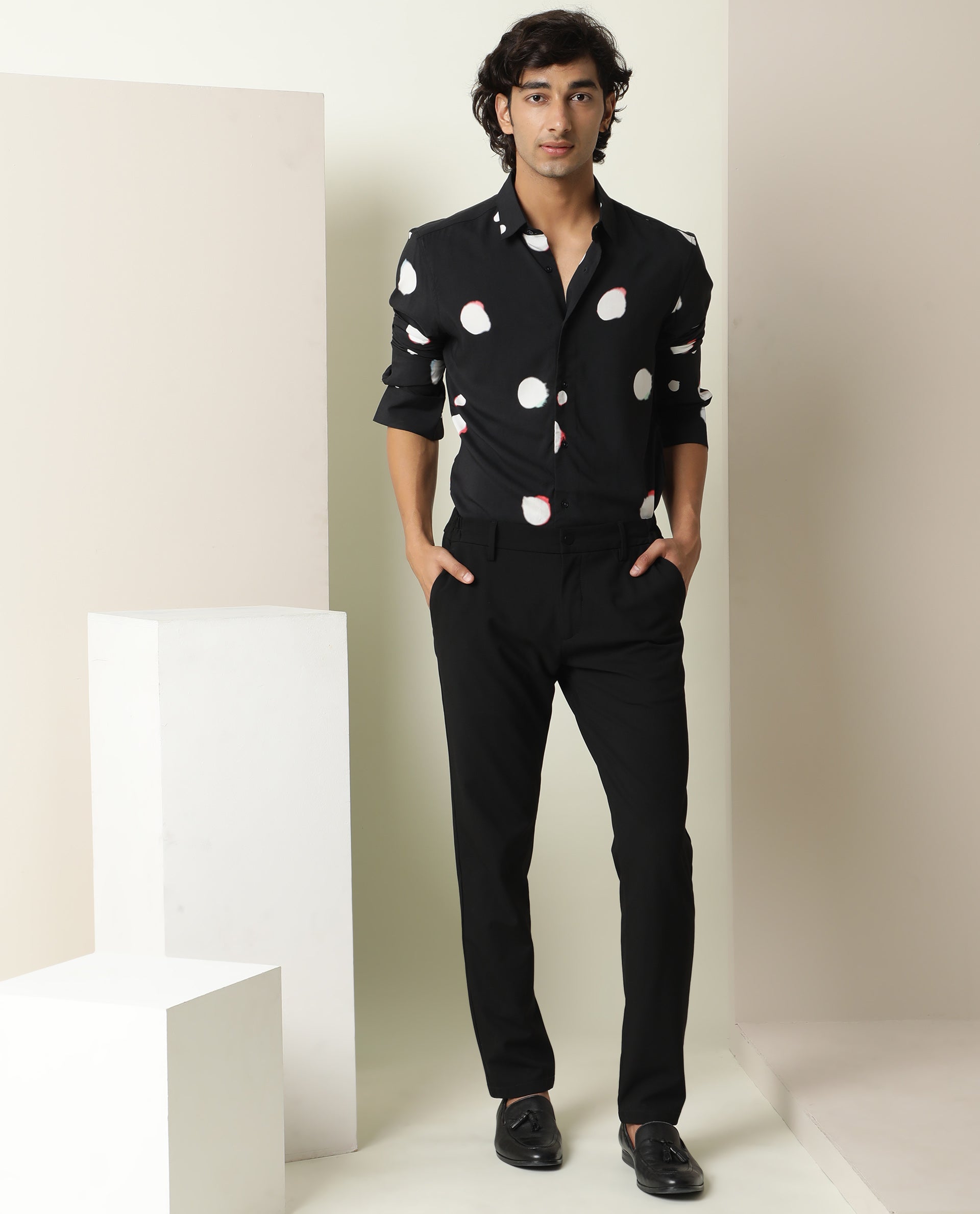 Rare Rabbit Men's Jive Black Viscose Polka Print Regular Fit Full Sleeve Collared Shirt