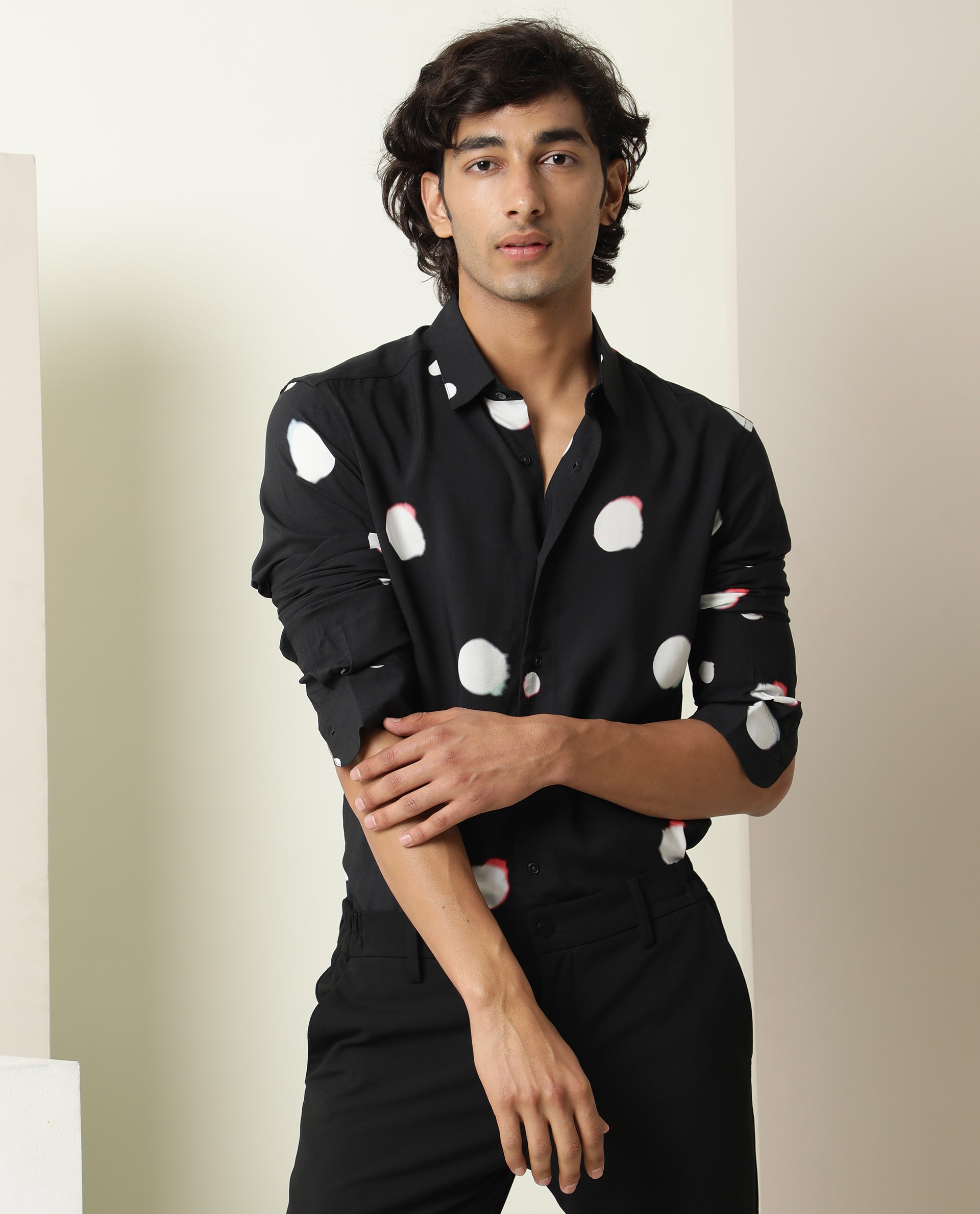Rare Rabbit Men's Jive Black Viscose Polka Print Regular Fit Full Sleeve Collared Shirt