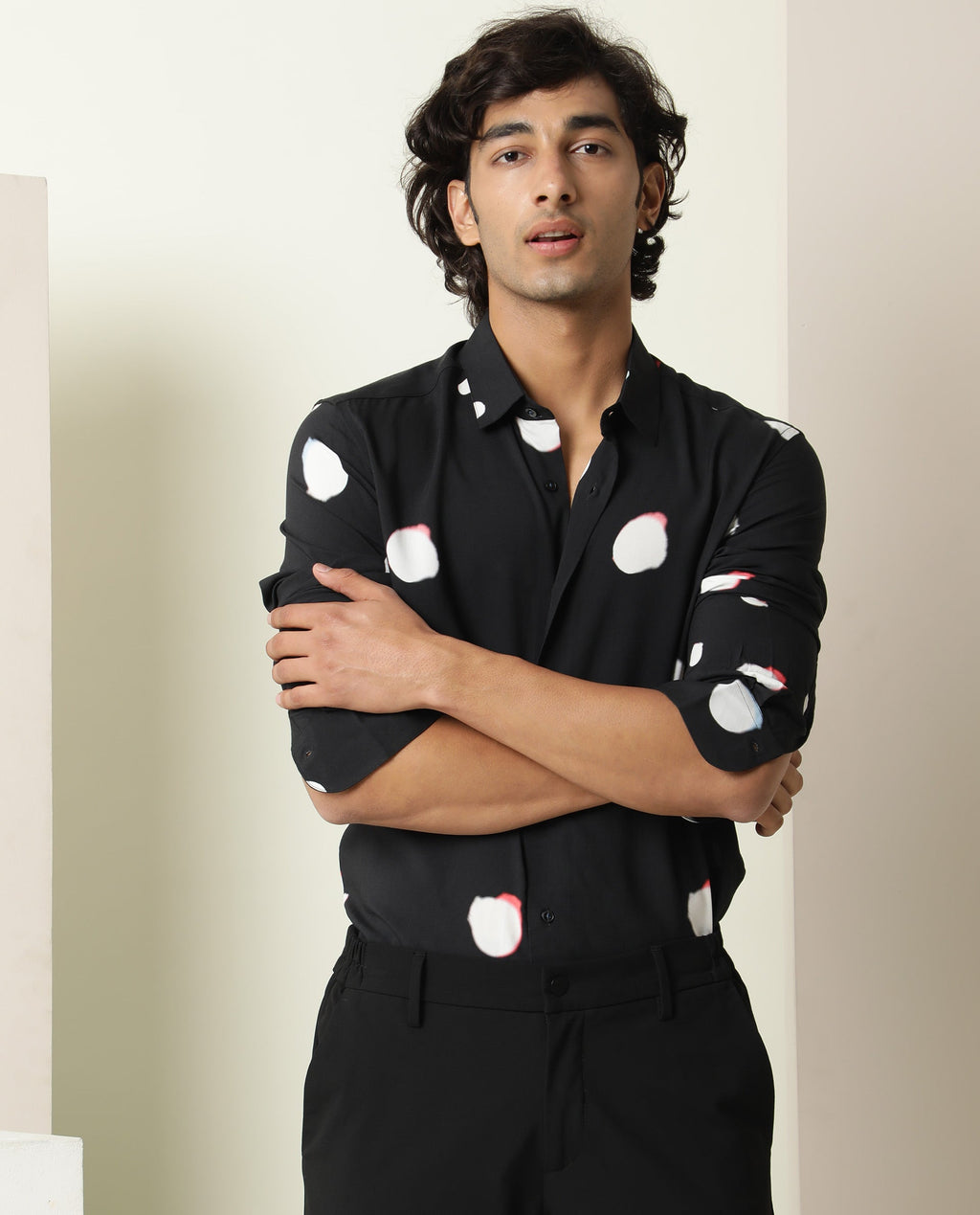 Rare Rabbit Men's Jive Black Viscose Polka Print Regular Fit Full Sleeve Collared Shirt