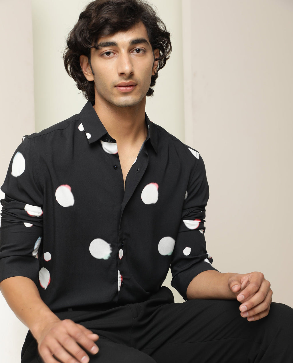 Rare Rabbit Men's Jive Black Viscose Polka Print Regular Fit Full Sleeve Collared Shirt