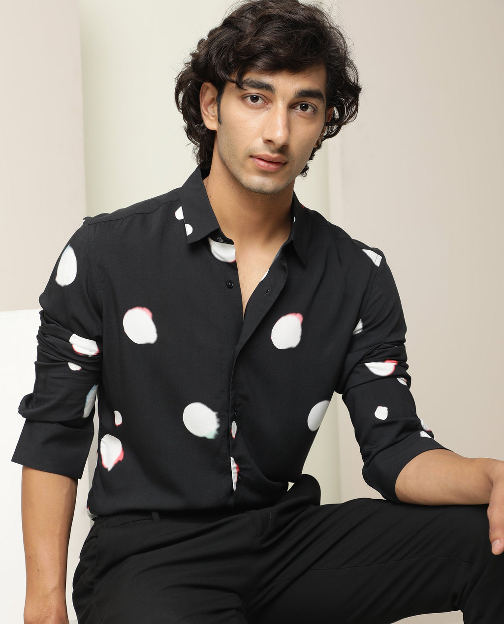 Rare Rabbit Men's Jive Black Viscose Polka Print Regular Fit Full Sleeve Collared Shirt