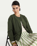 Rareism Women's Indow Olive Round Neck Plain Cuffed Sleeve Regular Fit Jacket