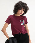Rareism Women's Inki Maroon Cotton Blend Crew Neck Graphic Print Regular Fit T-Shirt