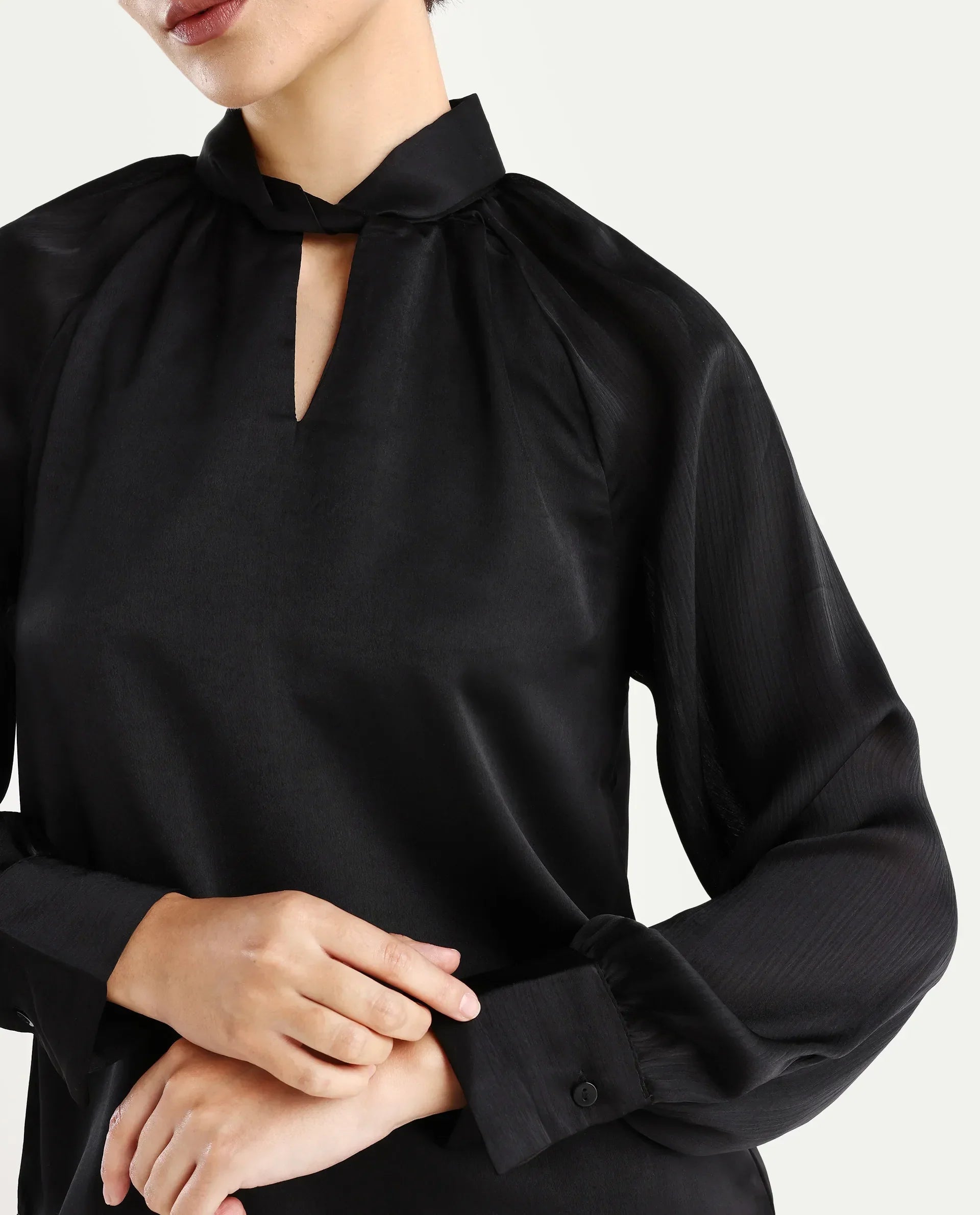 Rareism Women's Innoga Black Satin High Neck Plain Cuffed Sleeve Regular Fit Top