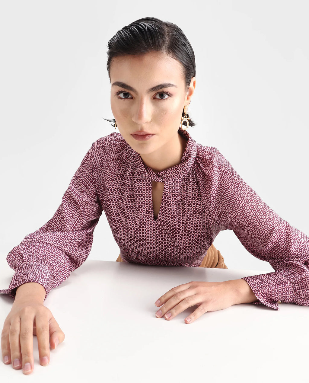 Rareism Women's Inno Multi Satin High Neck Geometric Print Cuffed Sleeve Regular Fit Top
