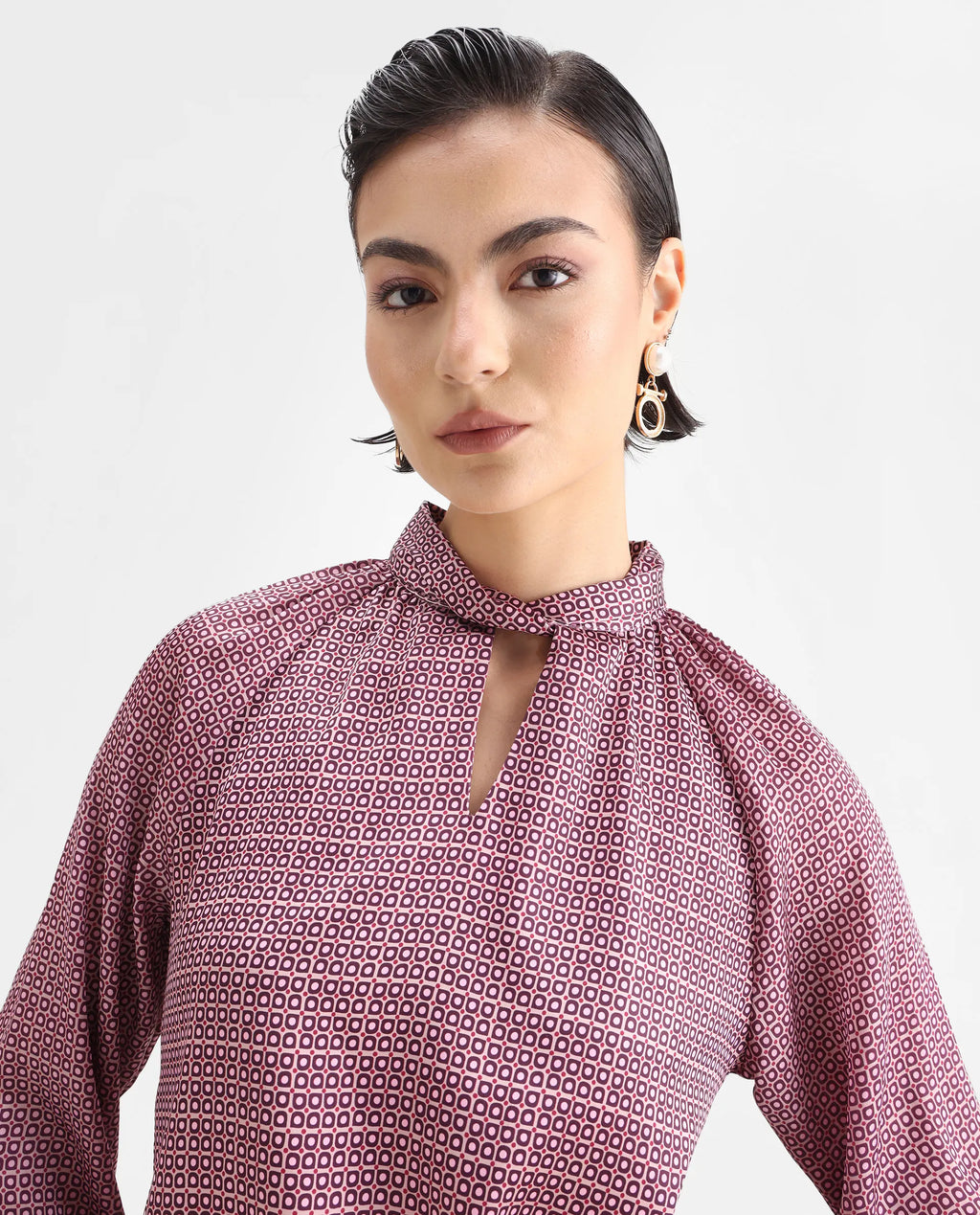 Rareism Women's Inno Multi Satin High Neck Geometric Print Cuffed Sleeve Regular Fit Top