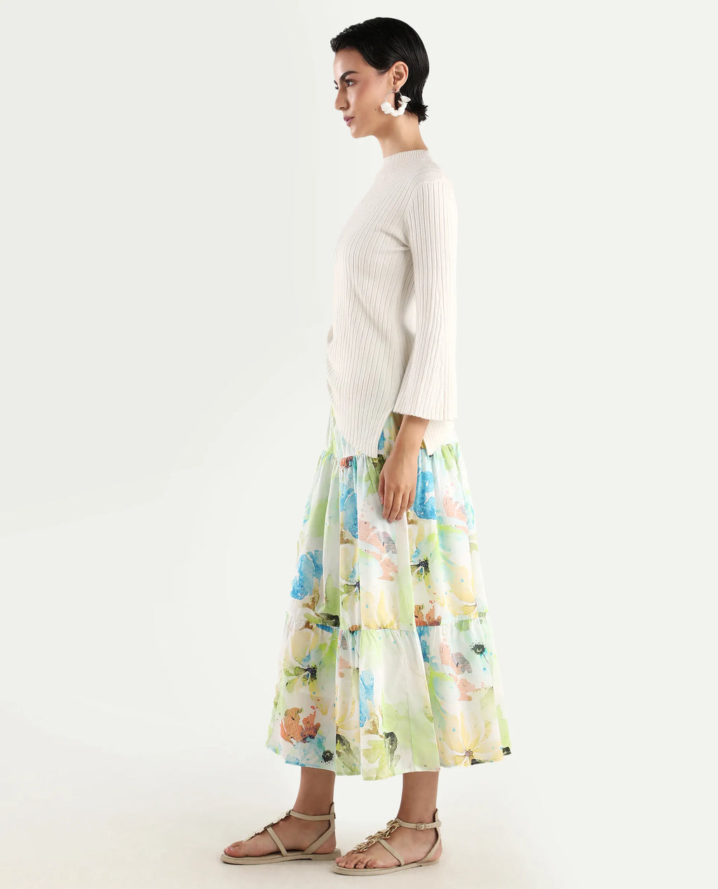 Rareism Women's Irina Multi Cotton Abstract Print Midi Flared Skirt