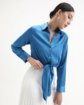 Rareism Women's Irteen Flouroscent Blue Polyester Drop Collar Plain Cuffed Sleeve Regular Fit Top