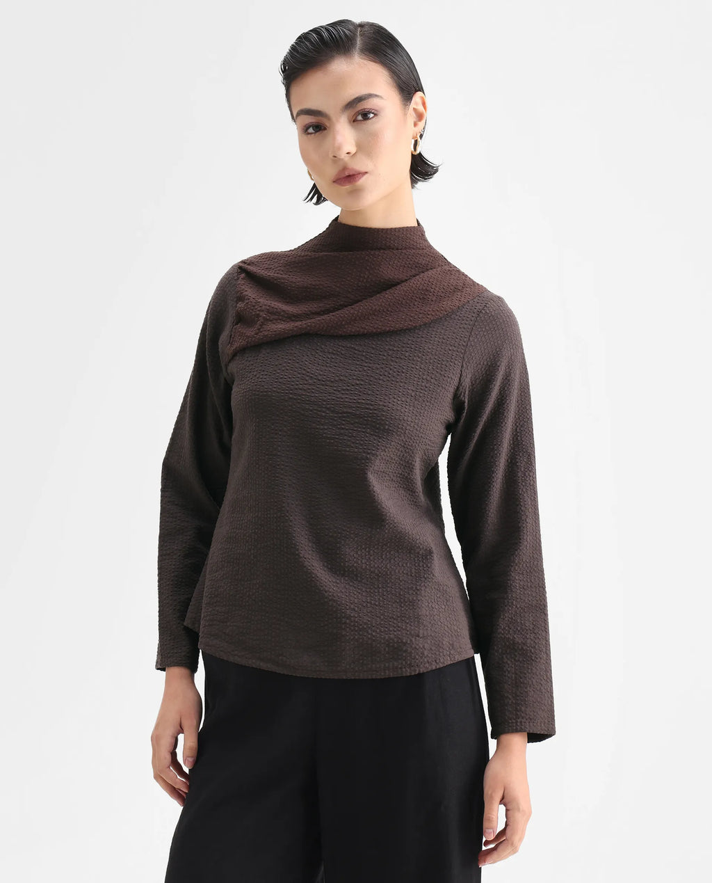 Rareism Women's Isro Brown Cotton High Neck Plain Regular Fit Top