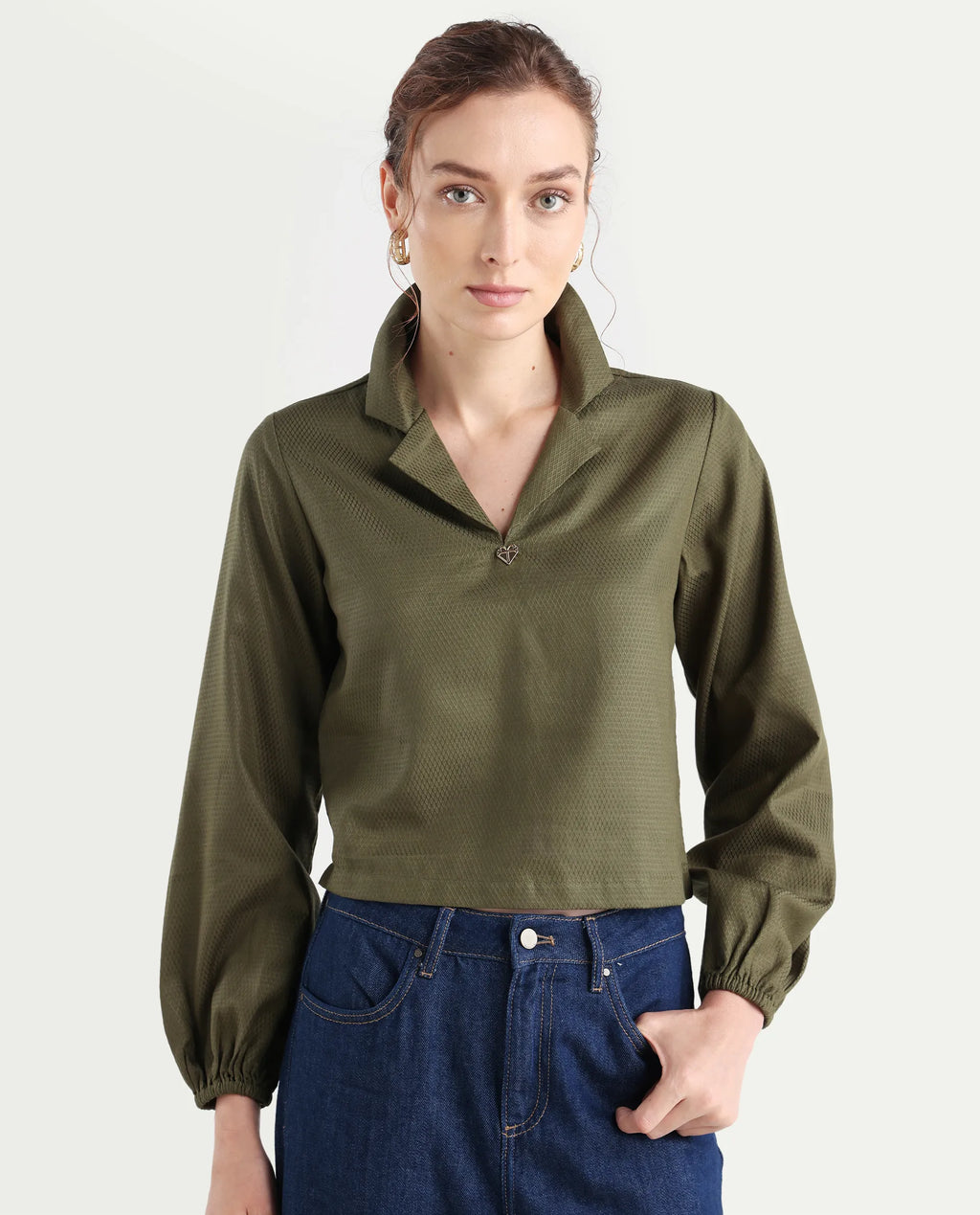 Rareism Women's Istanbul Green Cotton Lapel Neck Plain Bishop Sleeve Crop Regular Fit Top