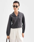 Rareism Women's Istanbul Grey Cotton Lapel Neck Plain Bishop Sleeve Crop Regular Fit Top